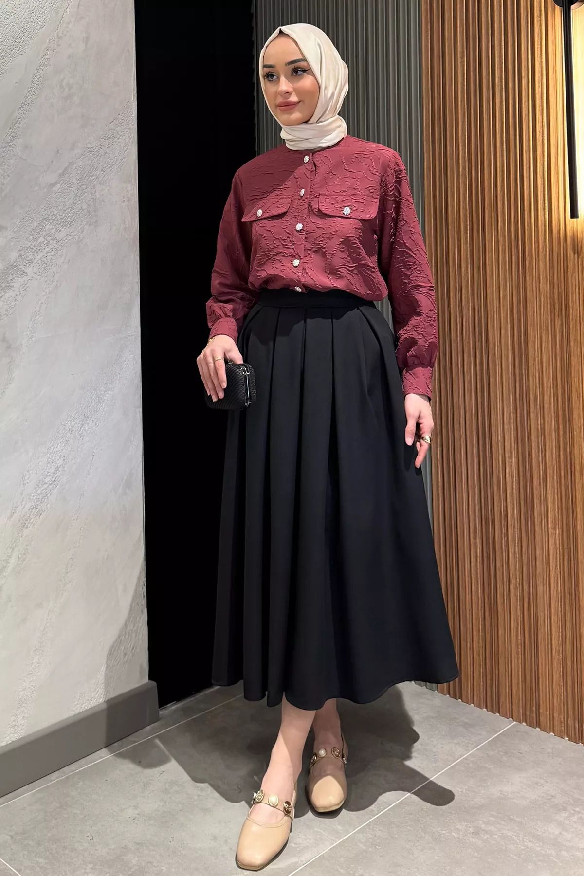 julude Siyah Kadın Yan Fermuarlı Pileli Tesettür Etek