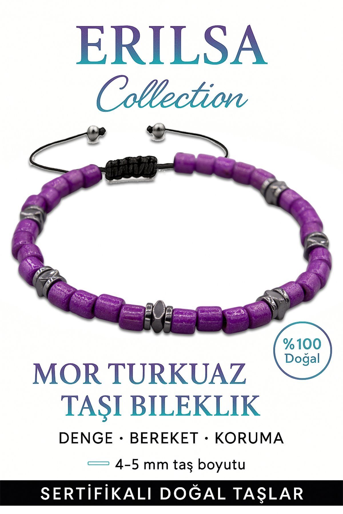 Erilsa Sertifikalı Terahertz – Mor Turkuaz Taşı Bileklik (İnce Model) – Ruhsal Koruma, Enerji ve Sezgi Taş