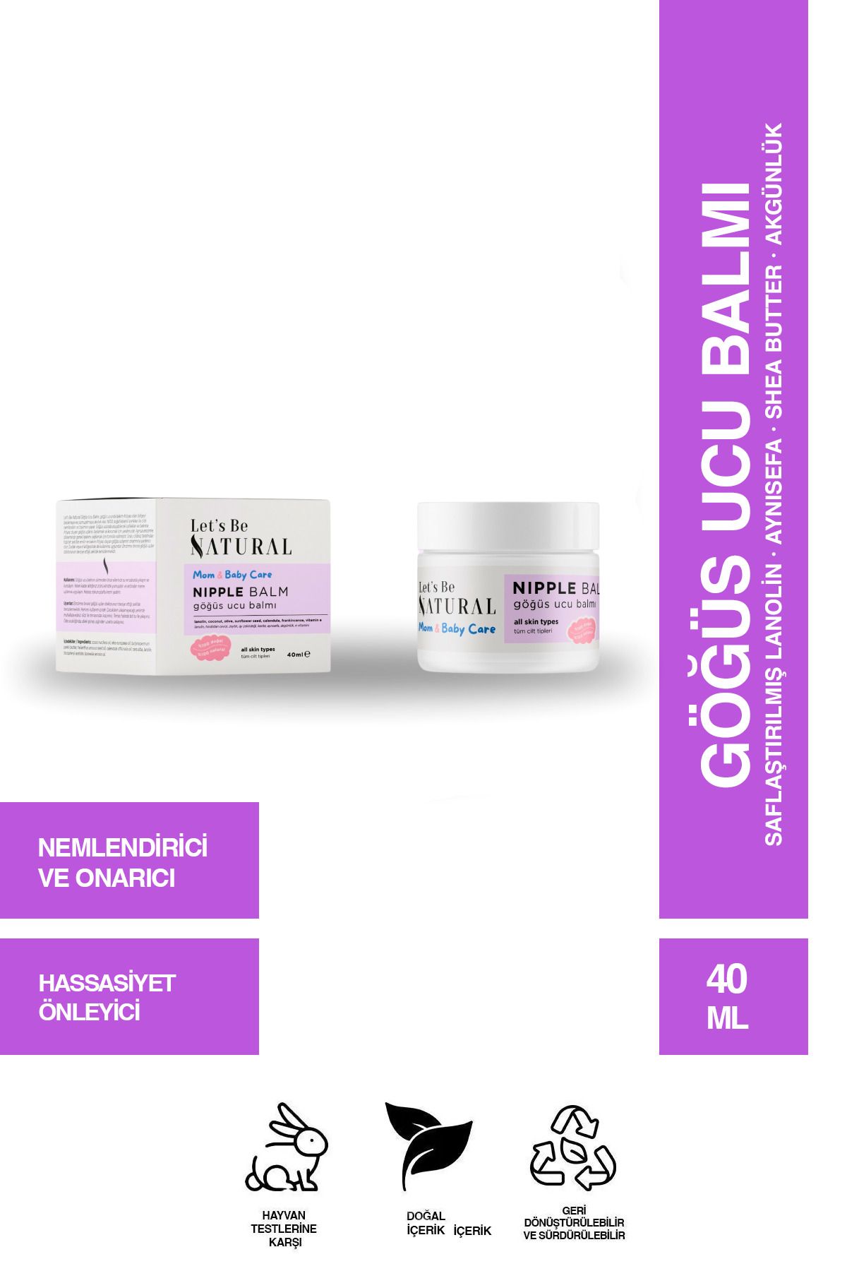 Let's Be NATURAL Göğüs Ucu Kremi 40 ml %100 Doğal Lanolin Içeren Krem Emziren Anneler Için Yumuşatma Ve Koruma