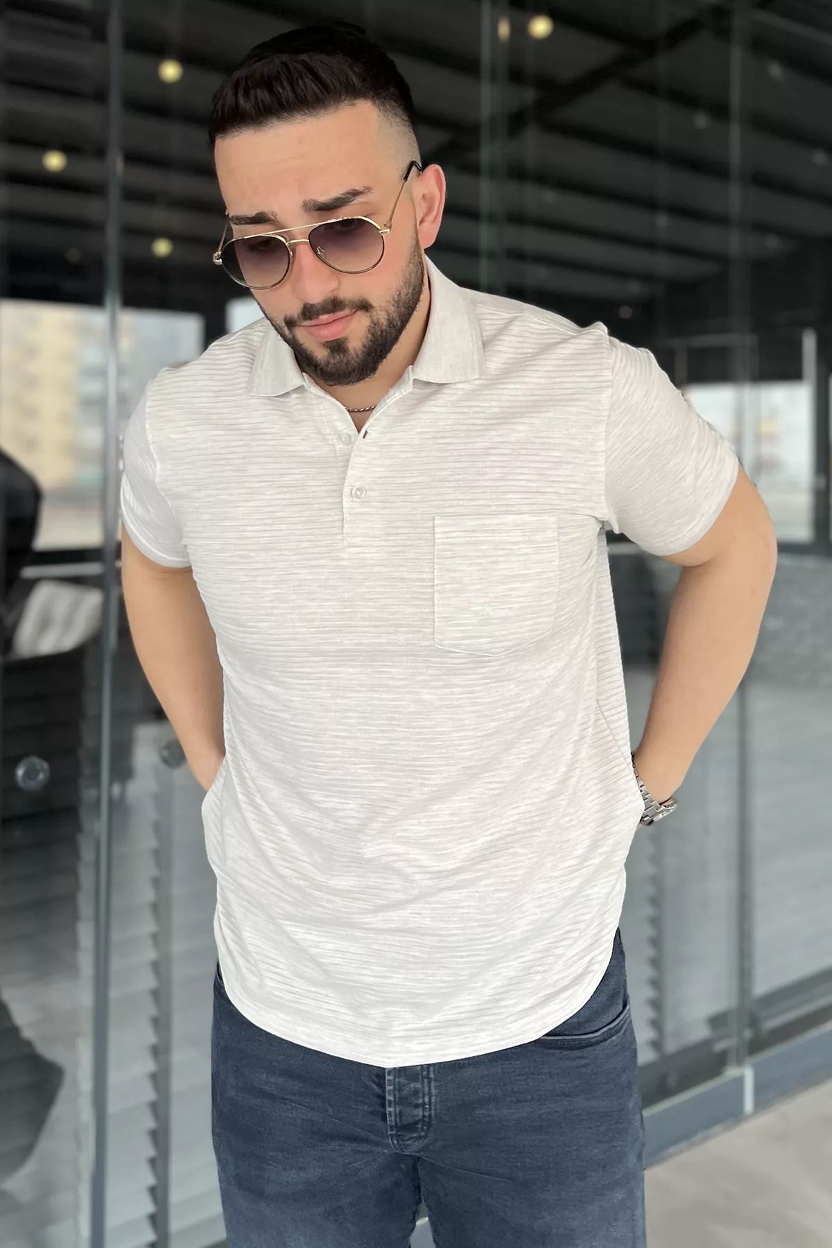 MİSHAR İTALİA Taş Erkek Polo Yaka Yarım Düğmeli Cepli Tişört