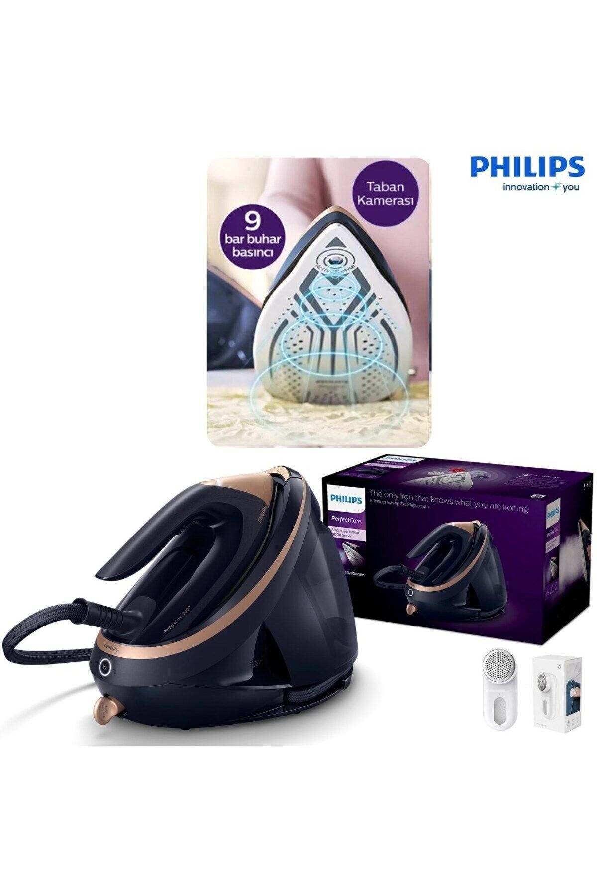 Philips Kendi Isısını Ayarlayan PerfectCare 9000 Serisi, Kameralı Taban+ Tüy&yün toplayıcı