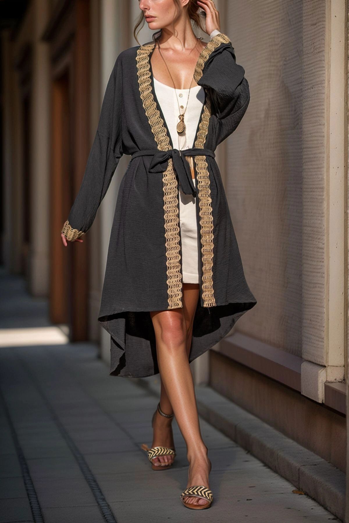 bacc Siyah Hasır Detaylı Kuşaklı Salaş Kimono BCBSK-25700-3160