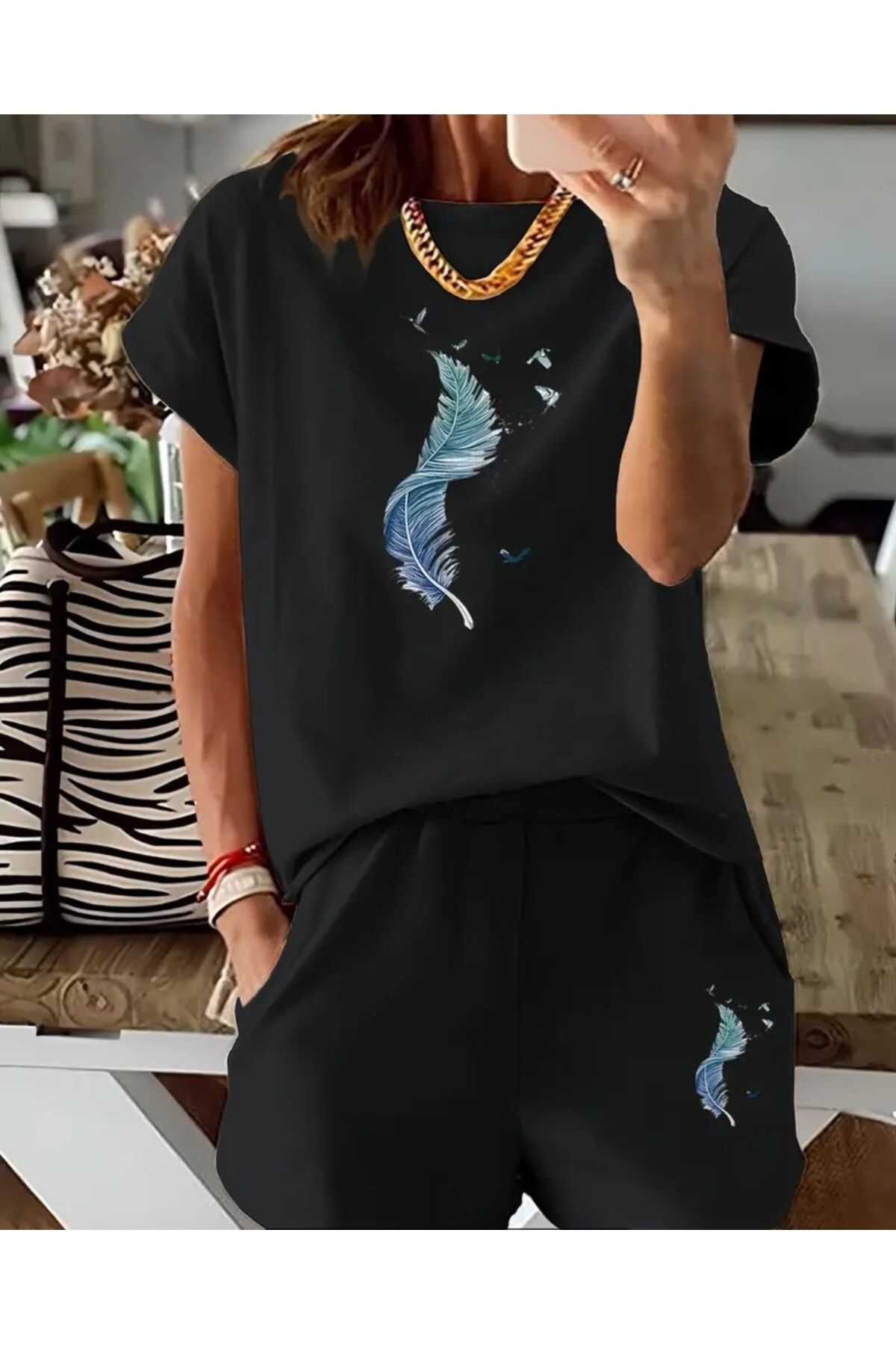 trend selection Muhteşem Kuş Tüyü Baskılı, Oversize, Bisiklet Yaka Alt Üst Takım