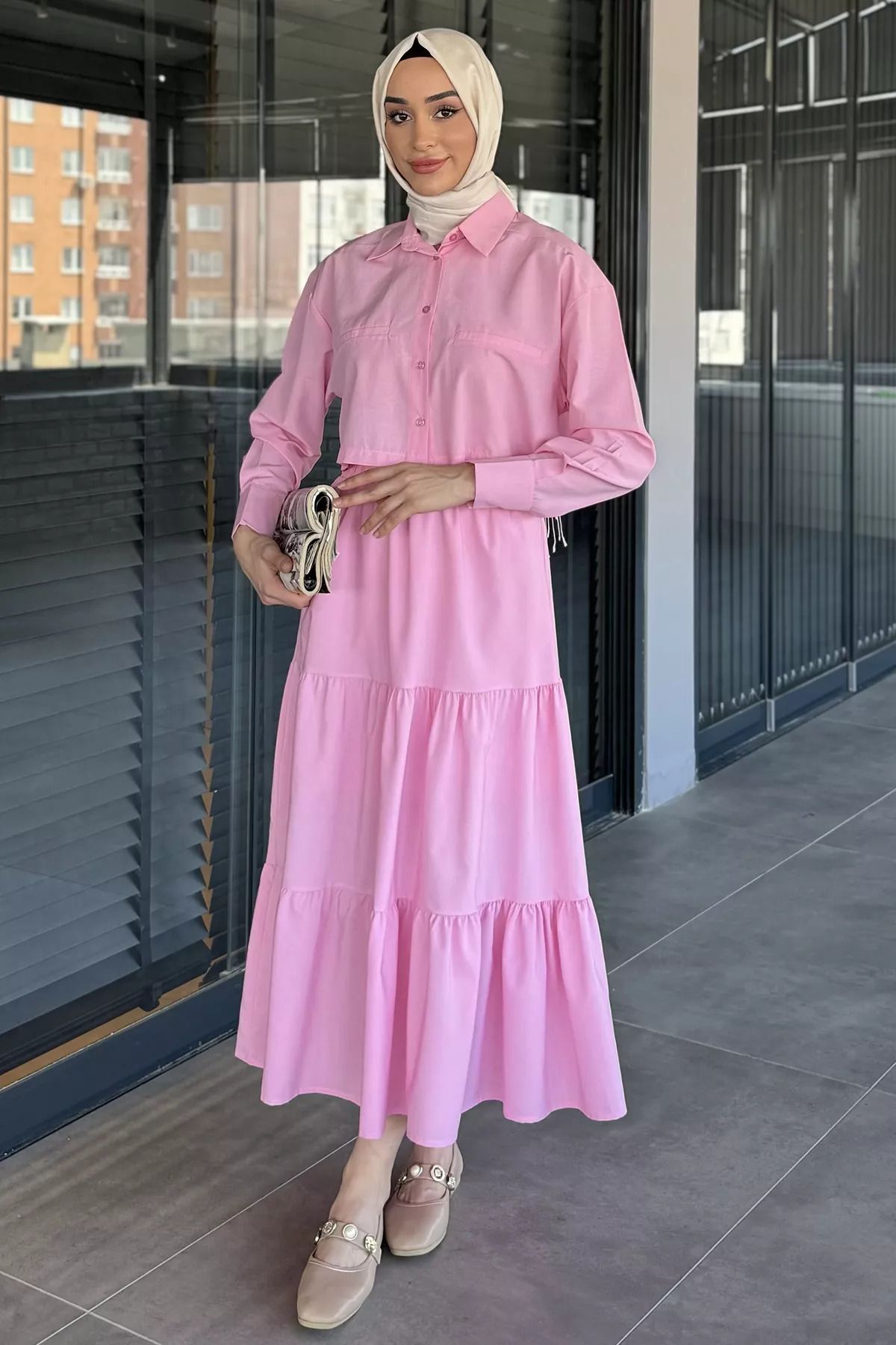 julude Pembe Kadın Bel Lastikli Pileli Katlı Tesettür Etek