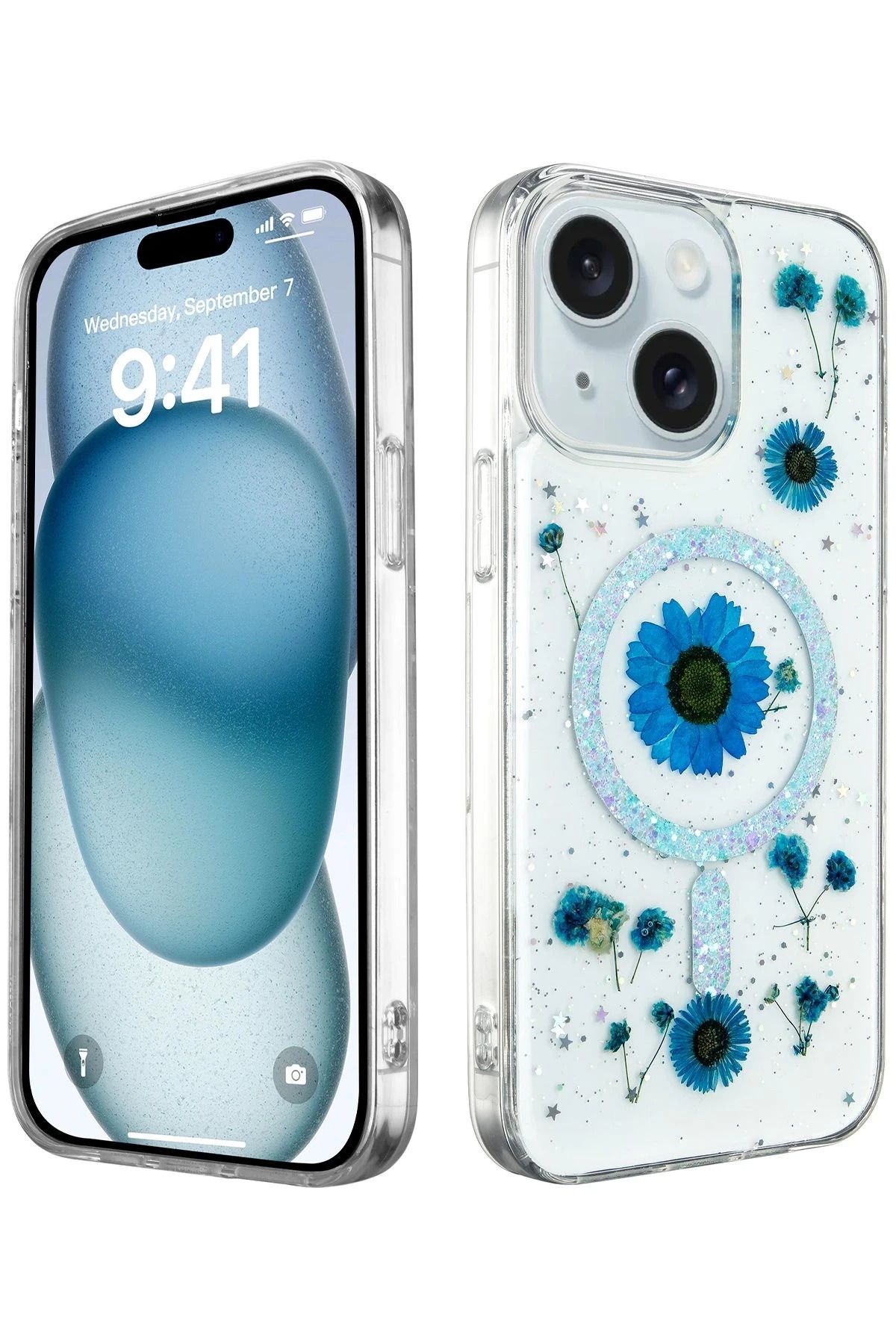 NewFace iPhone 14 Kılıf Daisy Simli Magsafe Kapak - Mavi NRMSA