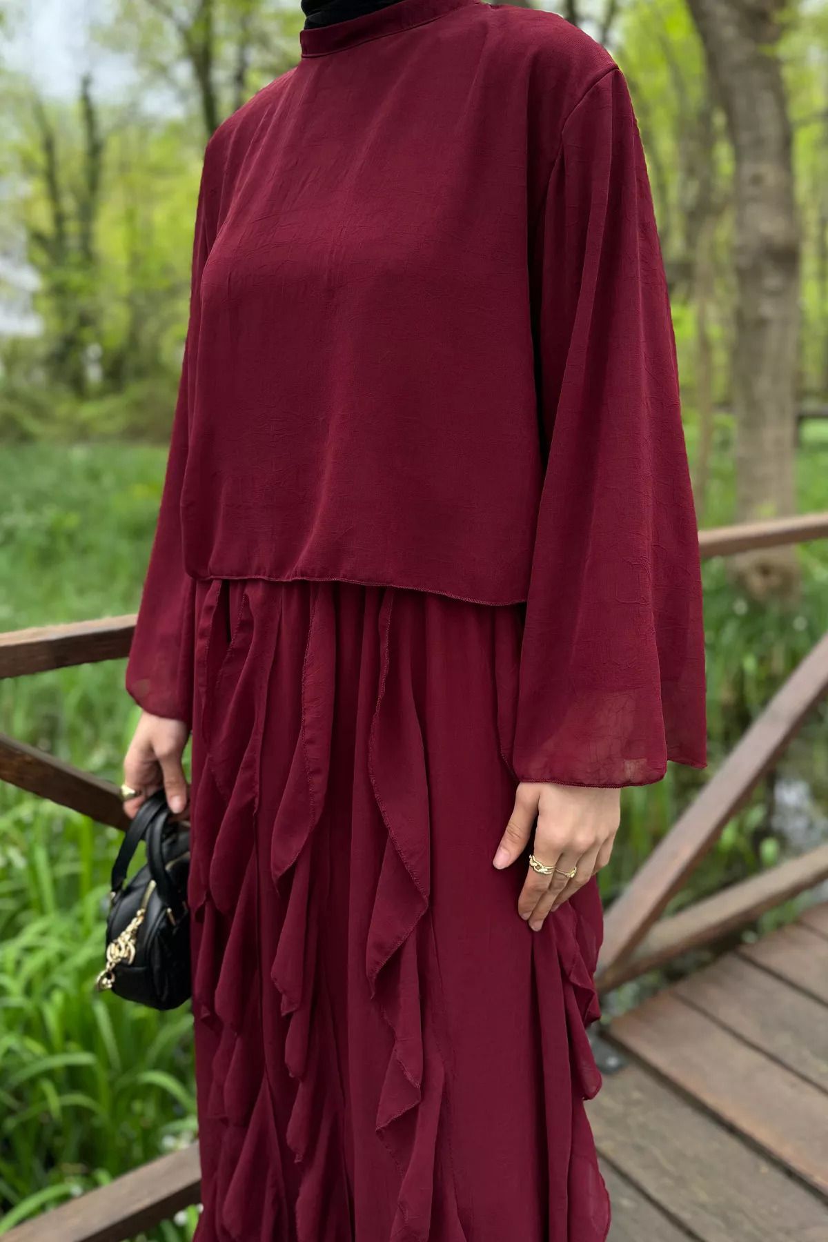 julude-Set de două piese bluză cu fustă din șifon, căptușită cu volane, roșu claret 7