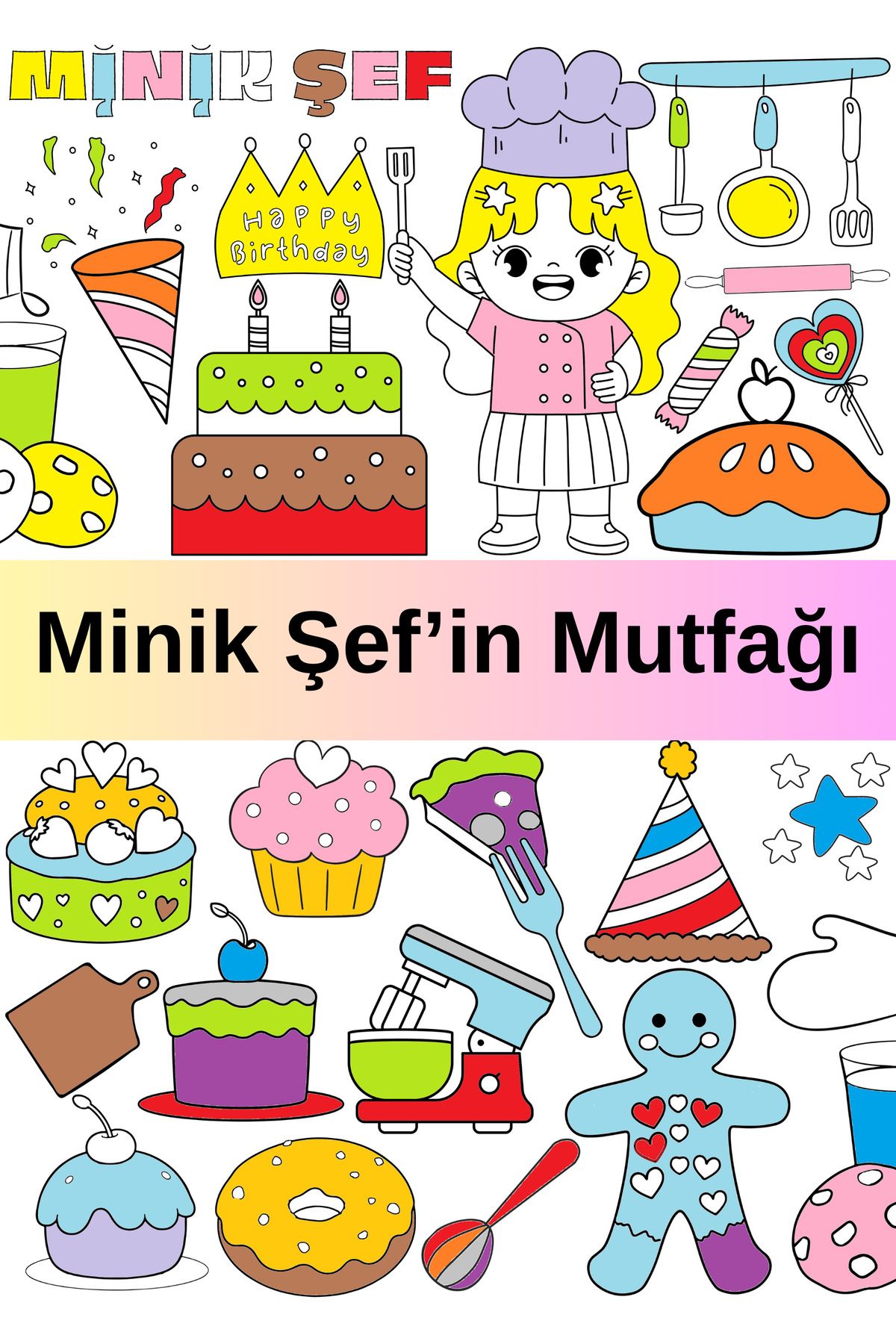 AlpiLeo Pasta Kap Kek Turta Minik Şef Kız Çocuk Dev Boyama Kağıdı | Doğum Günü Özel Aktivite Hediyesi