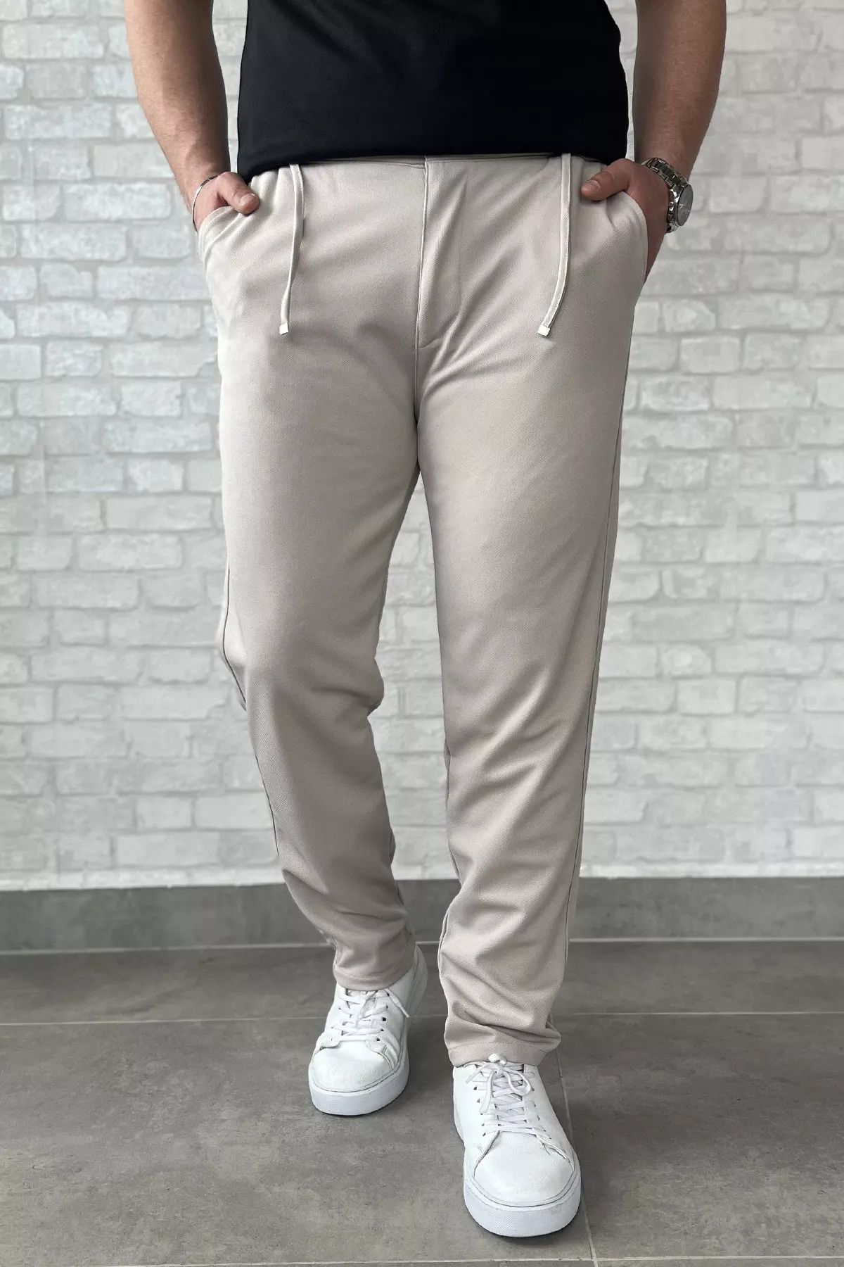 MİSHAR İTALİA Taş Erkek Bel Bağcıklı Fermuarlı Düz Paça Jogger Pantolon
