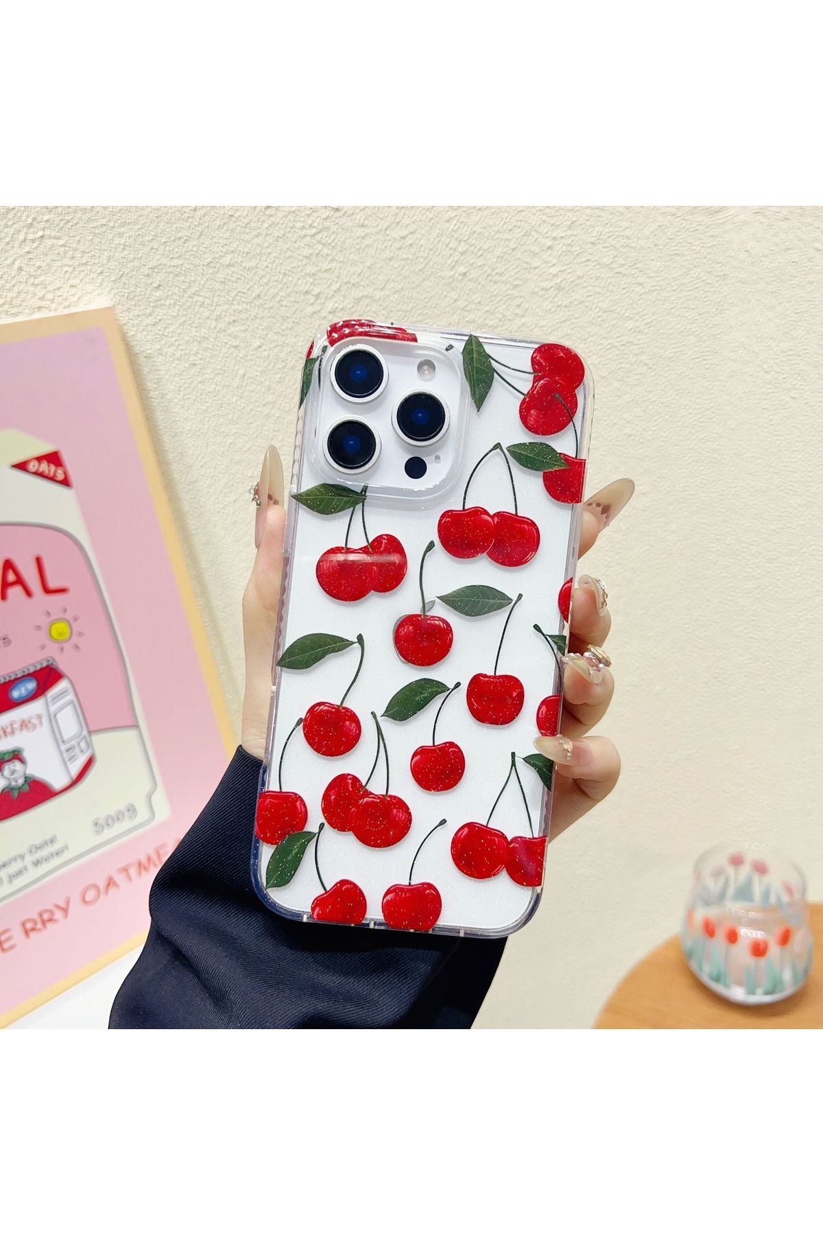 daystar İPhone 14 Plus / 15 Plus Uyumlu Kiraz Baskılı Şeffaf Telefon Kılıfı