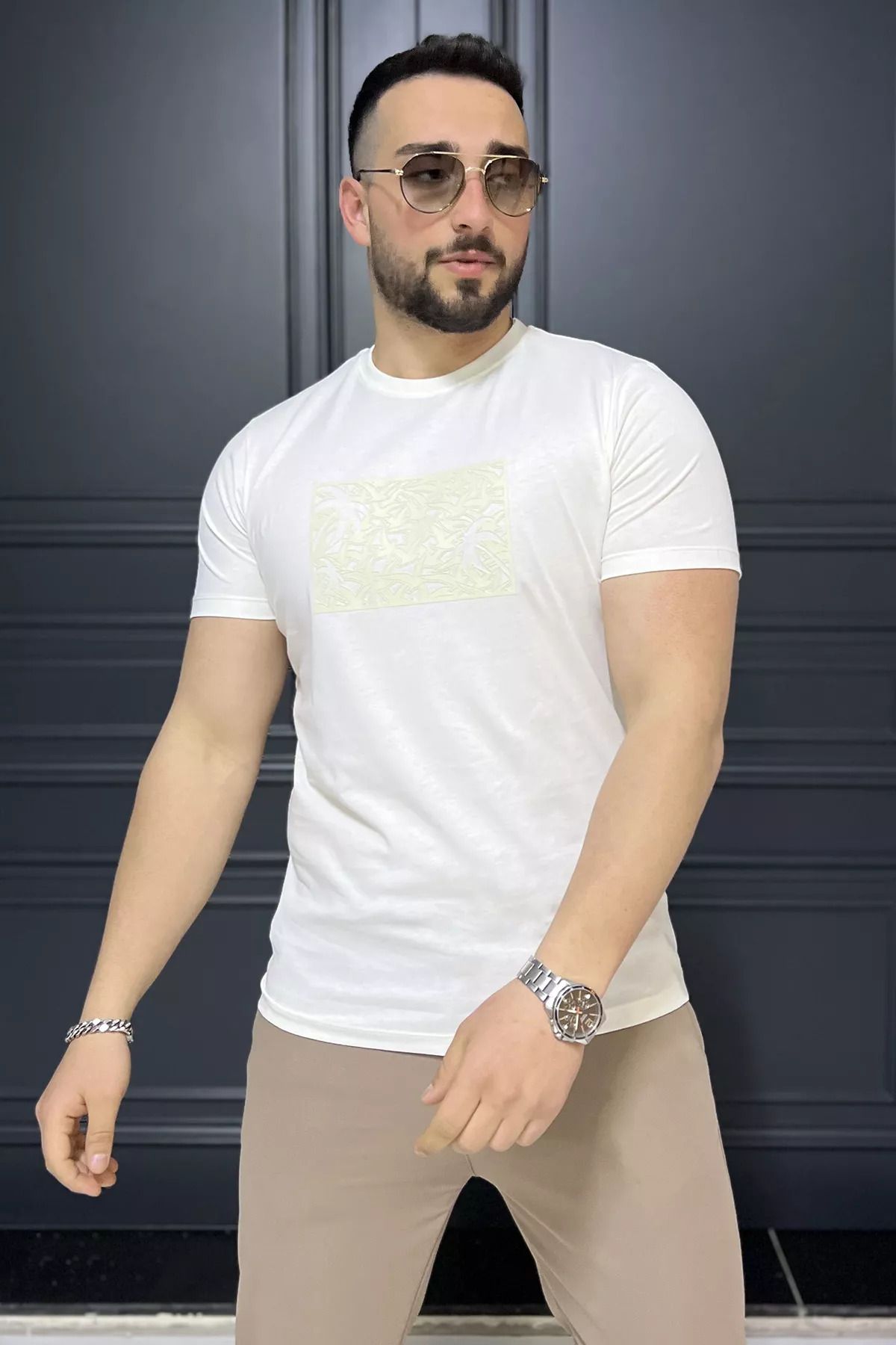 MİSHAR İTALİA Krem Erkek Bisiklet Yaka Baskılı Tişört