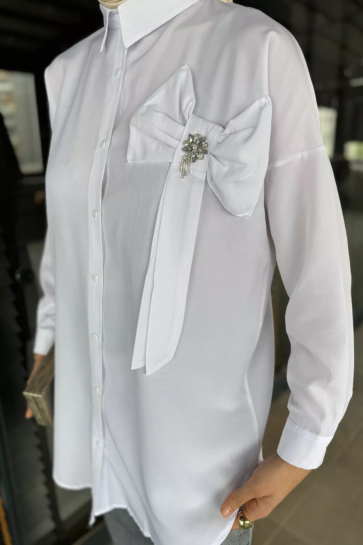 julude-White Ribbon Detailed Stone Hijab Tunic 3