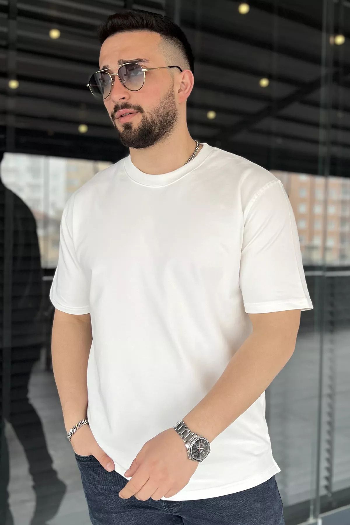 MİSHAR İTALİA Krem Erkek Bisiklet Yaka Tişört