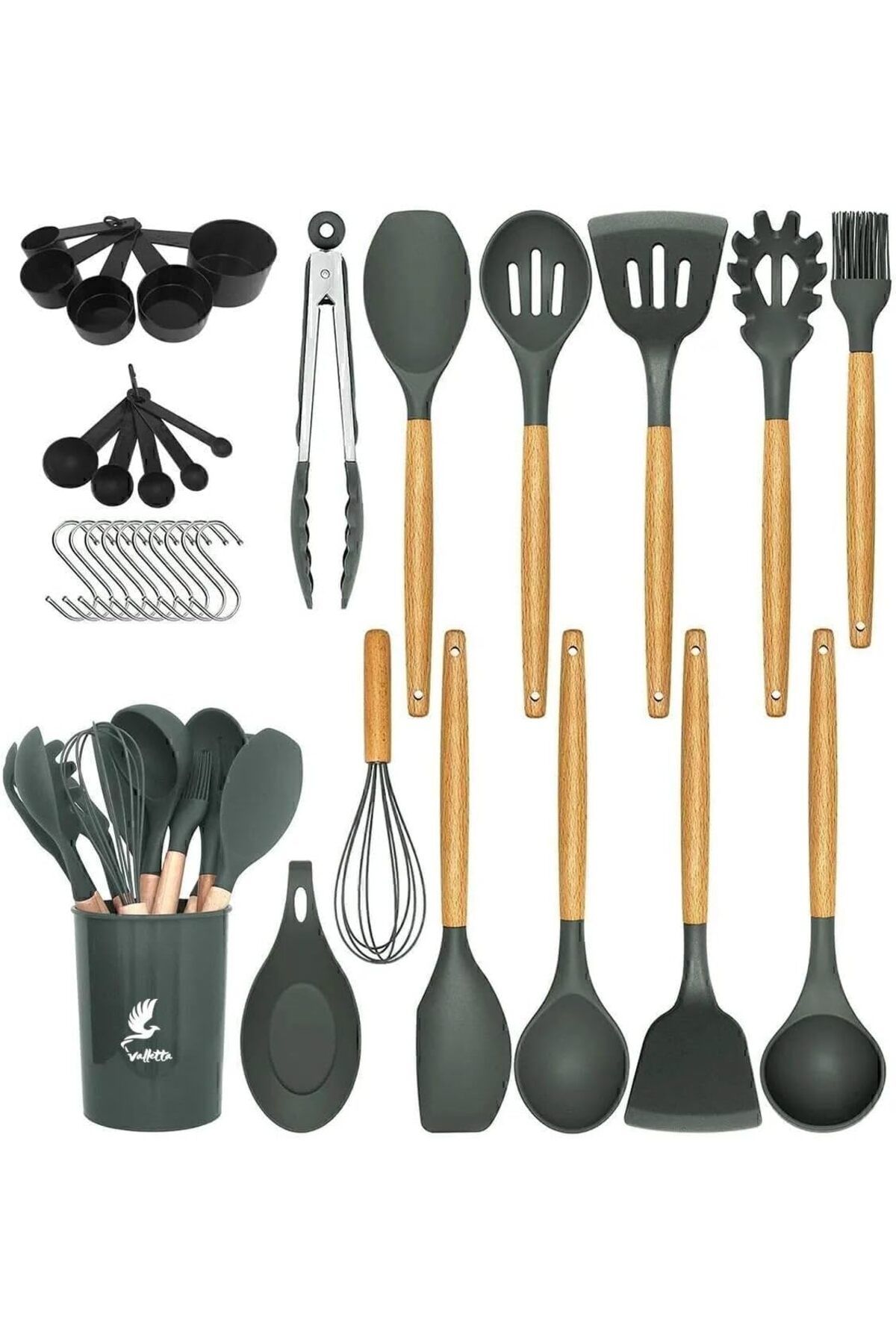 STOREMAX nffashopm Mikla Isıya Dayanıklı Yanmaz Yapışmaz 33 Parça Silikon Spatula Mutfak Seti Gri store
