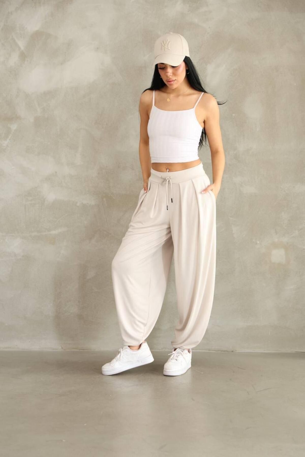 Moda Banuş Bej Modern Dökümlü Şalvar Pantolon