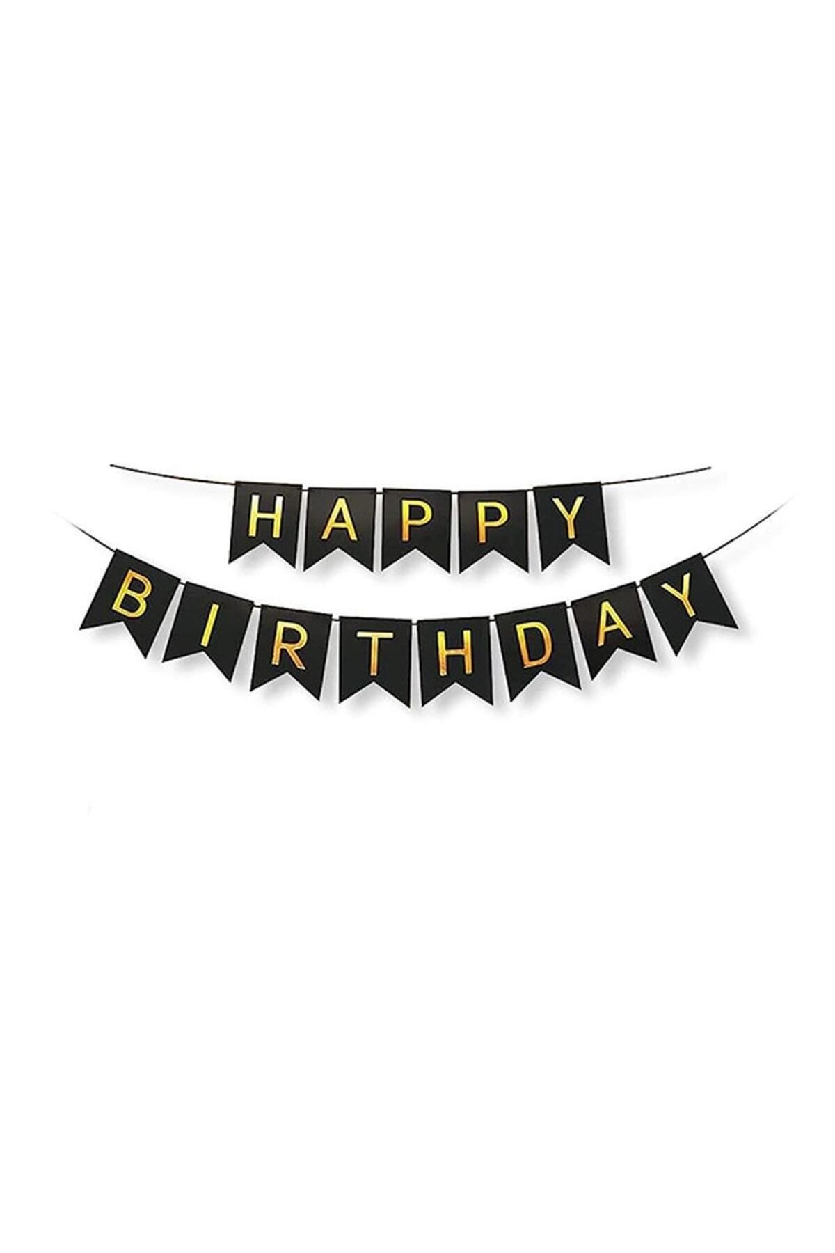 Baloncum Siyah Zemin Gold Happy Birthday Banner