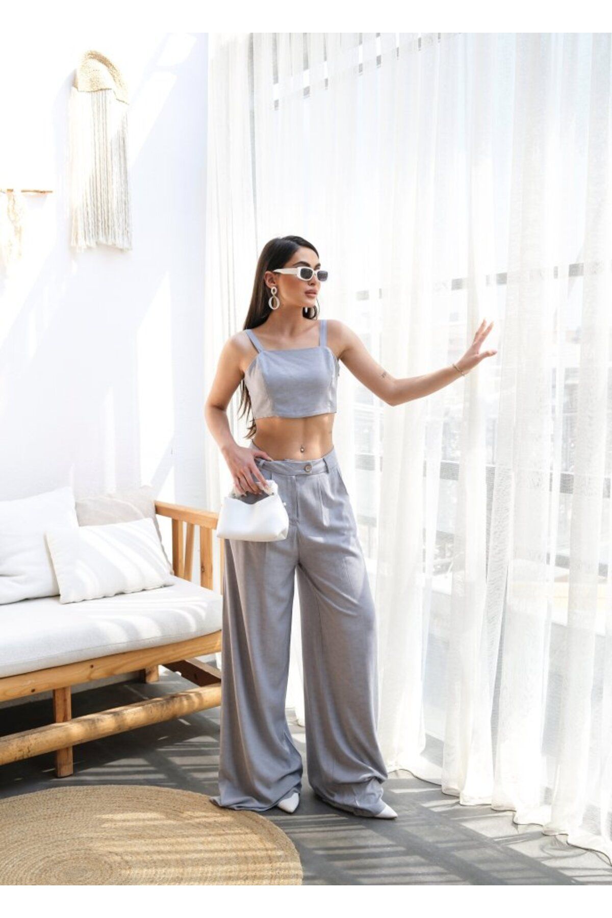 POLEXP Keten Gipeli Crop Ve Pantolon İkili Takim