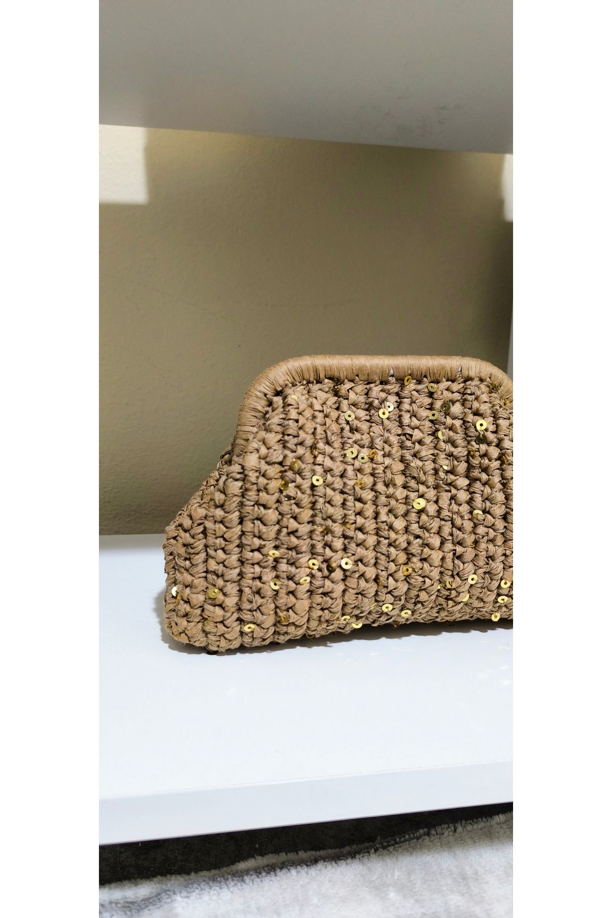 Knittingworld Hasır çanta, clutch çanta, pullu çanta, şık çanta, portföy çanta kağıt ipten çanta