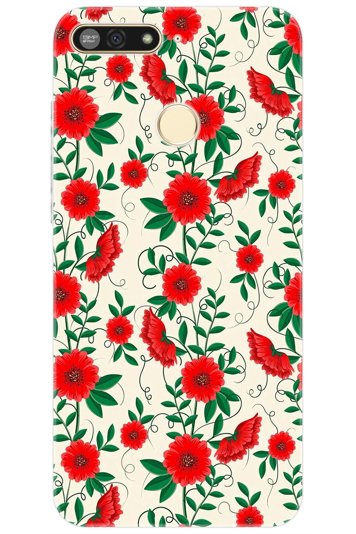 Ceppare Huawei Y6 2018 (ATU-L21) Uyumlu Kılıf Desen Baskılı Silikon Kırmızı Çiçekler STK:717 CP-3a2fkyN