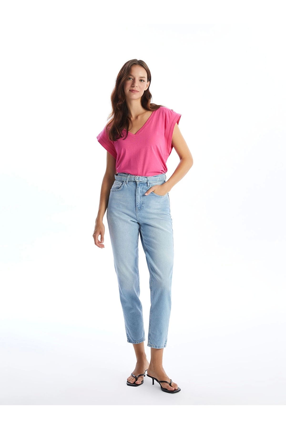 LC Waikiki LCW Jeans Indigo Beli Kemerli Mom Fit Kadın Jean Pantolon