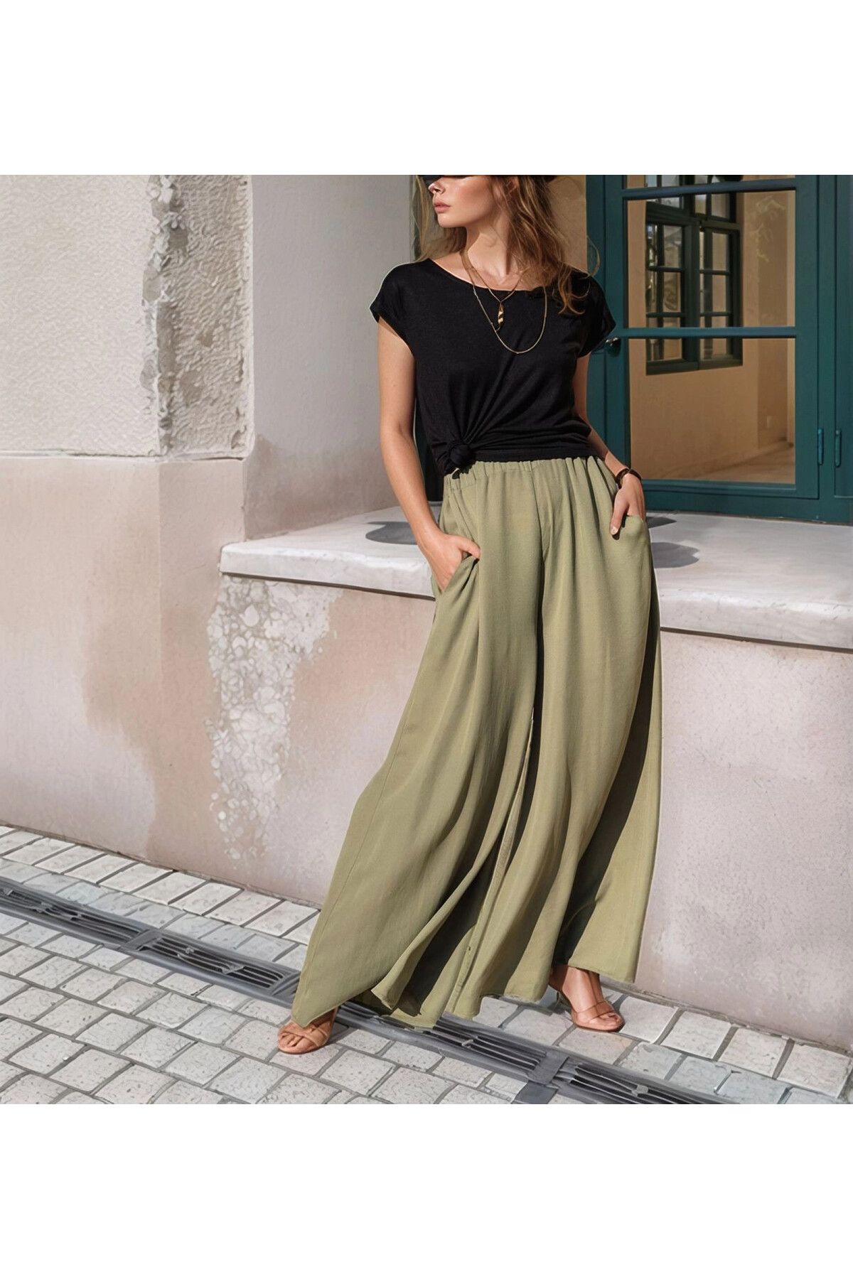 bacc Haki Beli Lastikli Cepli Bol Paça Krep Pantolon BCBSK-25700-3222