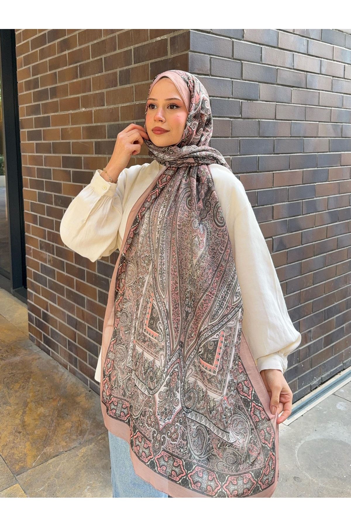 MODA Retro Desen Etnik Pamuk Soft Şal . Sütlü kahve