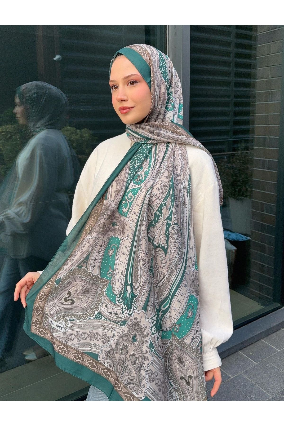 MODA Retro Desen Etnik Pamuk Soft Şal. Zümrüt yeşili