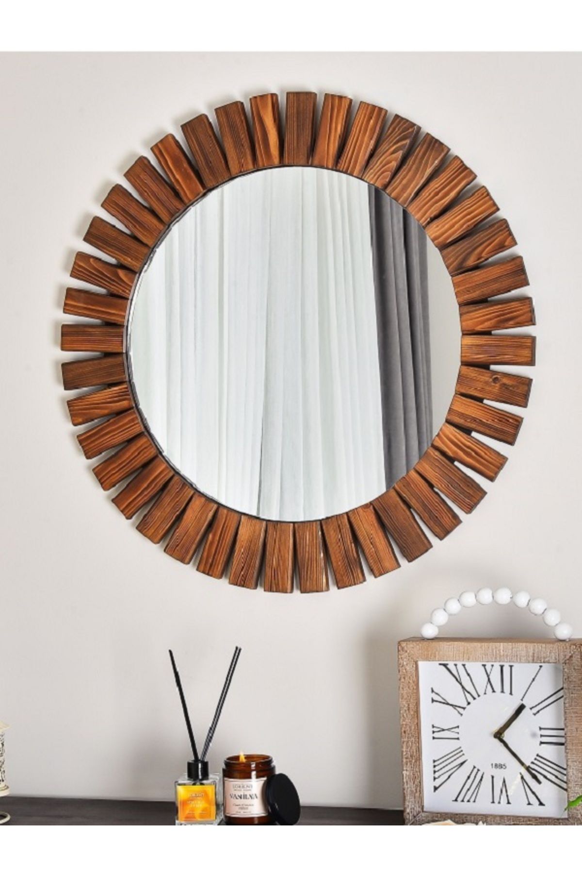 DFN WOOD Flower 90x90 Cm Ahşap Ceviz Rengi Yuvarlak Dekoratif Duvar Salon Konsol Banyo Aynası