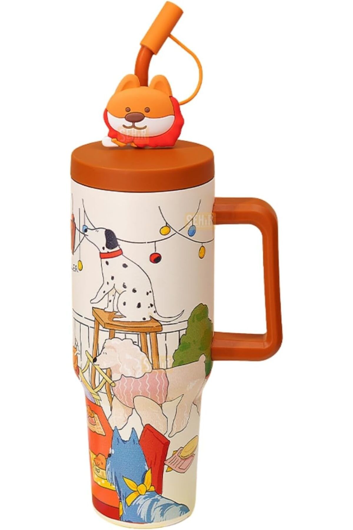 STOREMAX nffashopm 1200ml Sevimli Hayvanlar Tumbler Pipetli/Pipetsiz Kulplu Paslanmaz Çelik Termos (Puppy Pa