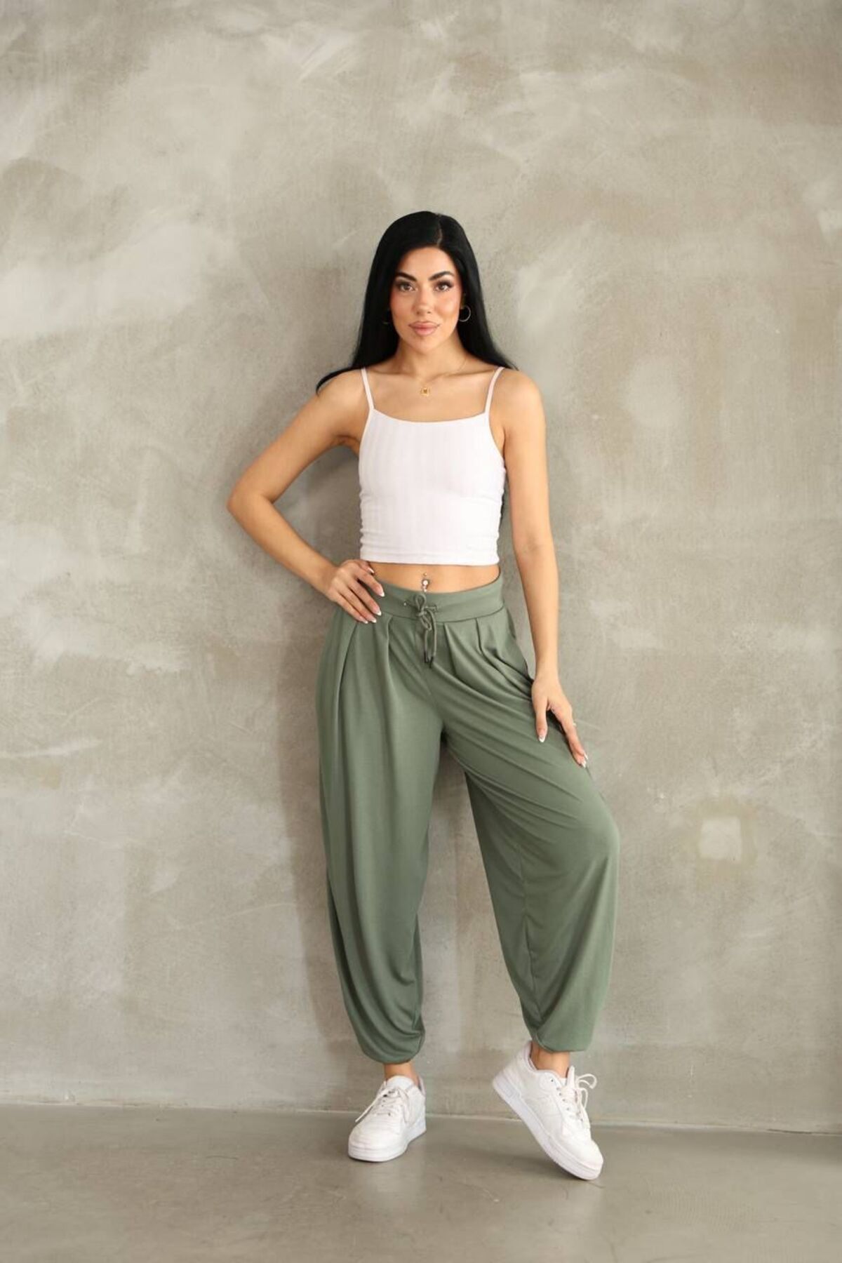Moda Banuş Haki Modern Dökümlü Şalvar Pantolon