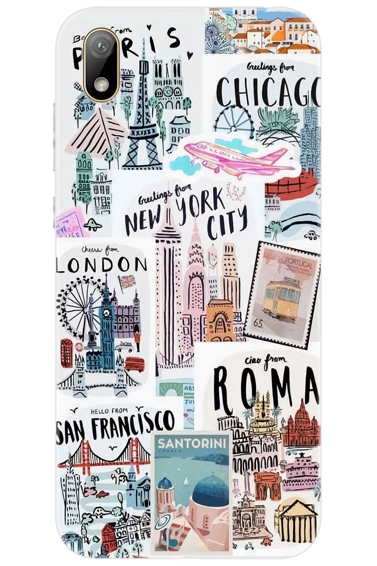 Ceppare Huawei Y5 2019 (AMN-LX2/LX9) Uyumlu Kılıf Desen Baskı Silikon Newyork Roma London STK:624 CP-H436uVo