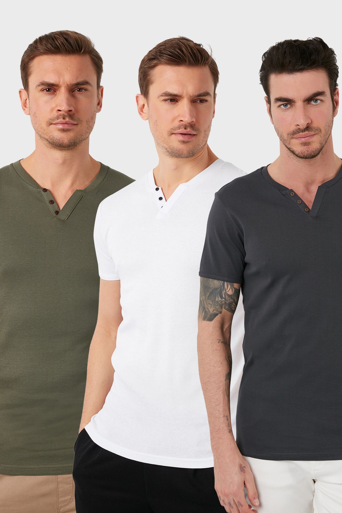 Buratti Pamuklu Düğme Detaylı Slim Fit V Yaka 3'lü Paket T Shirt Erkek T SHİRT 5902122S3