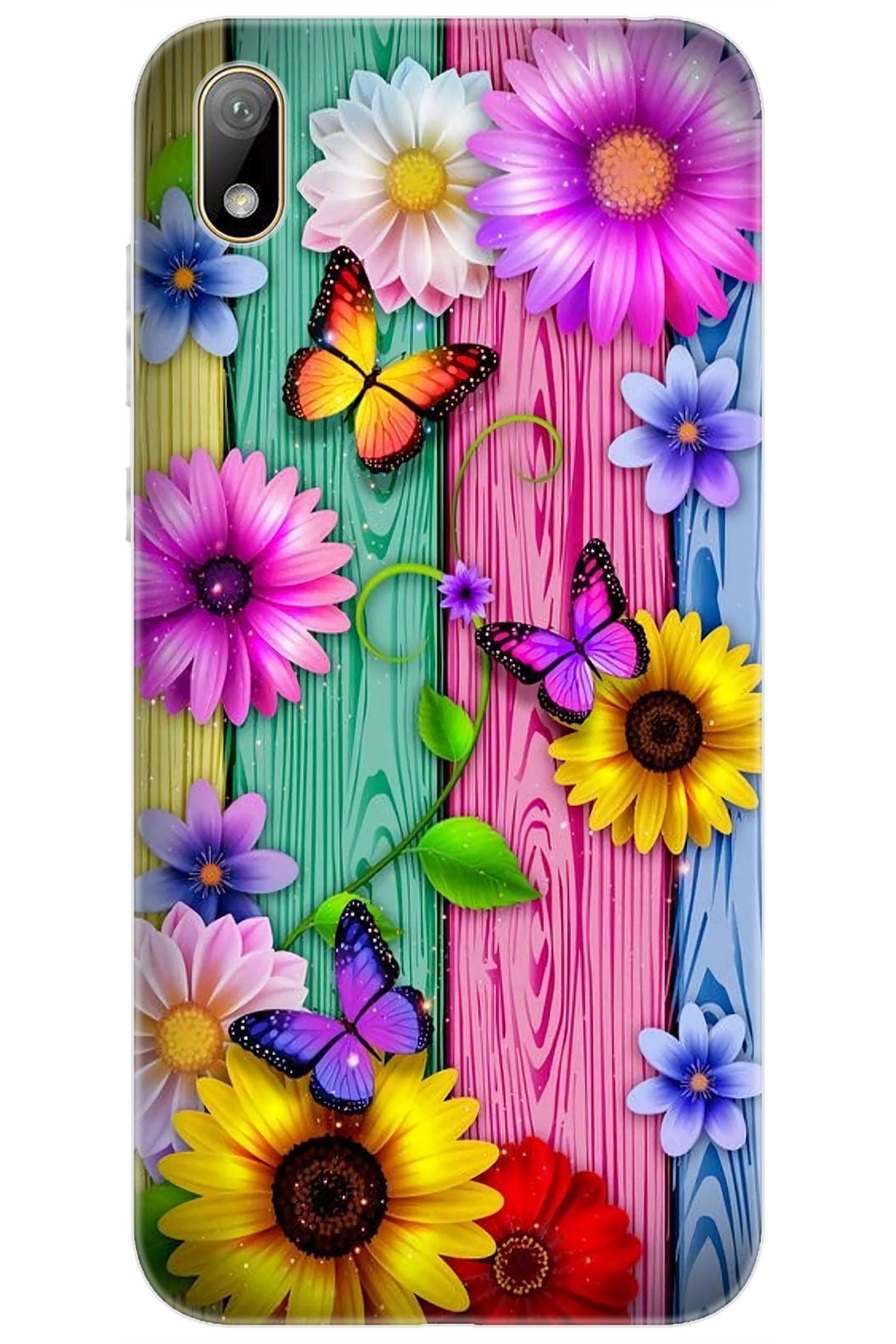 Ceppare Huawei Y5 2019 (AMN-LX2/LX9) Uyumlu Kılıf Desen Silikon Renkli Papatya Kelebekler STK:719 CP-URI92qB