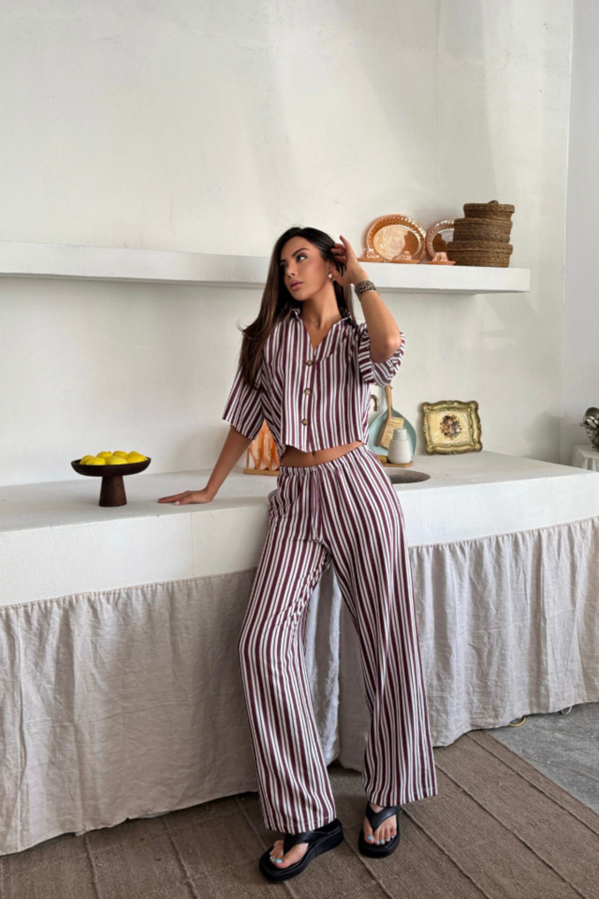POLEXP ÇİZGİLİ CROP GÖMLEK - SALAŞ PANTOLON TAKIM MODAL - Bordo