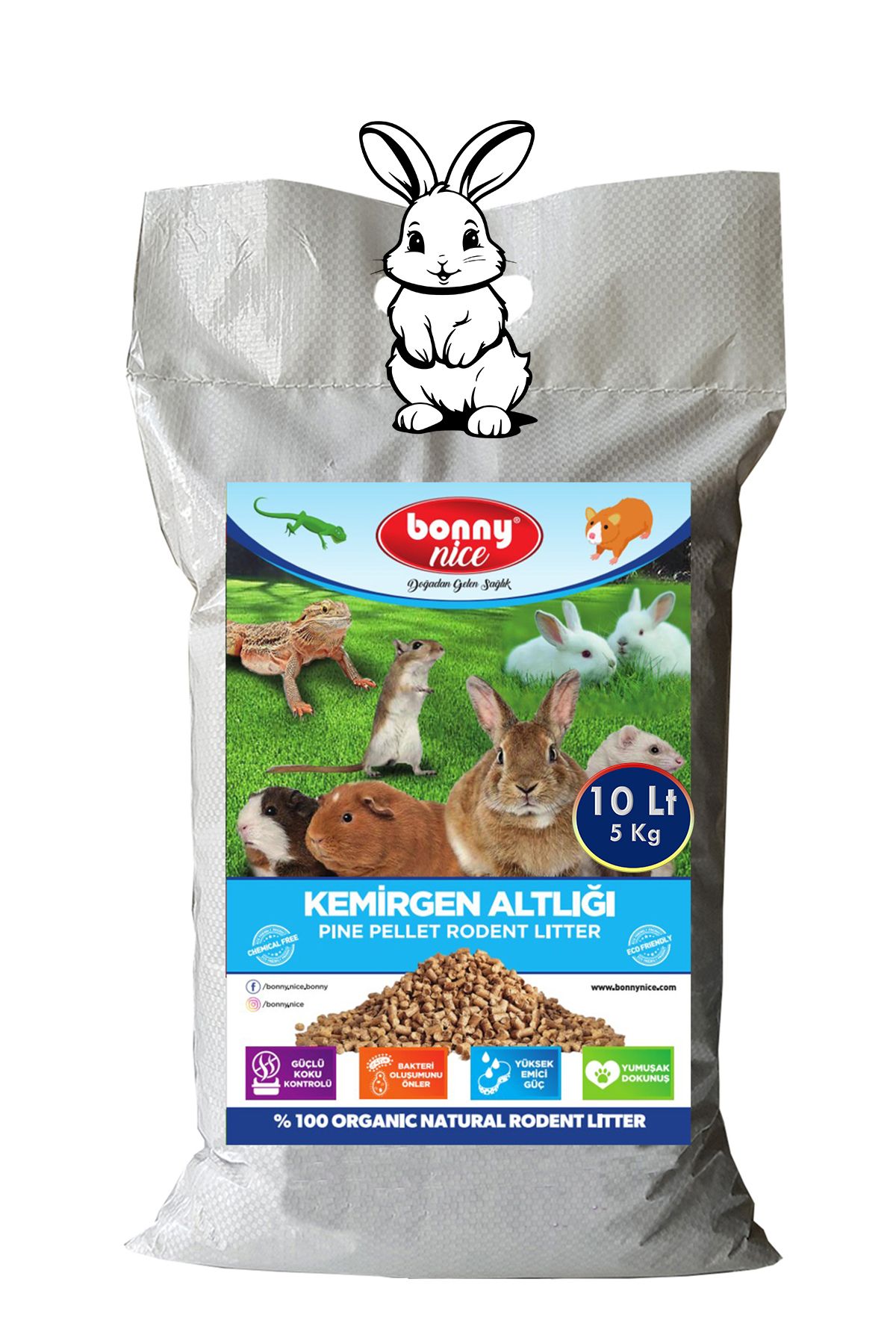 Bonny Nice Yavru/Yetişkin için %100 Biyobozunur, Doğal Çam Talaşı Pelet Tavşan Kafes Altlığı 5 Kg. 10 Lt.