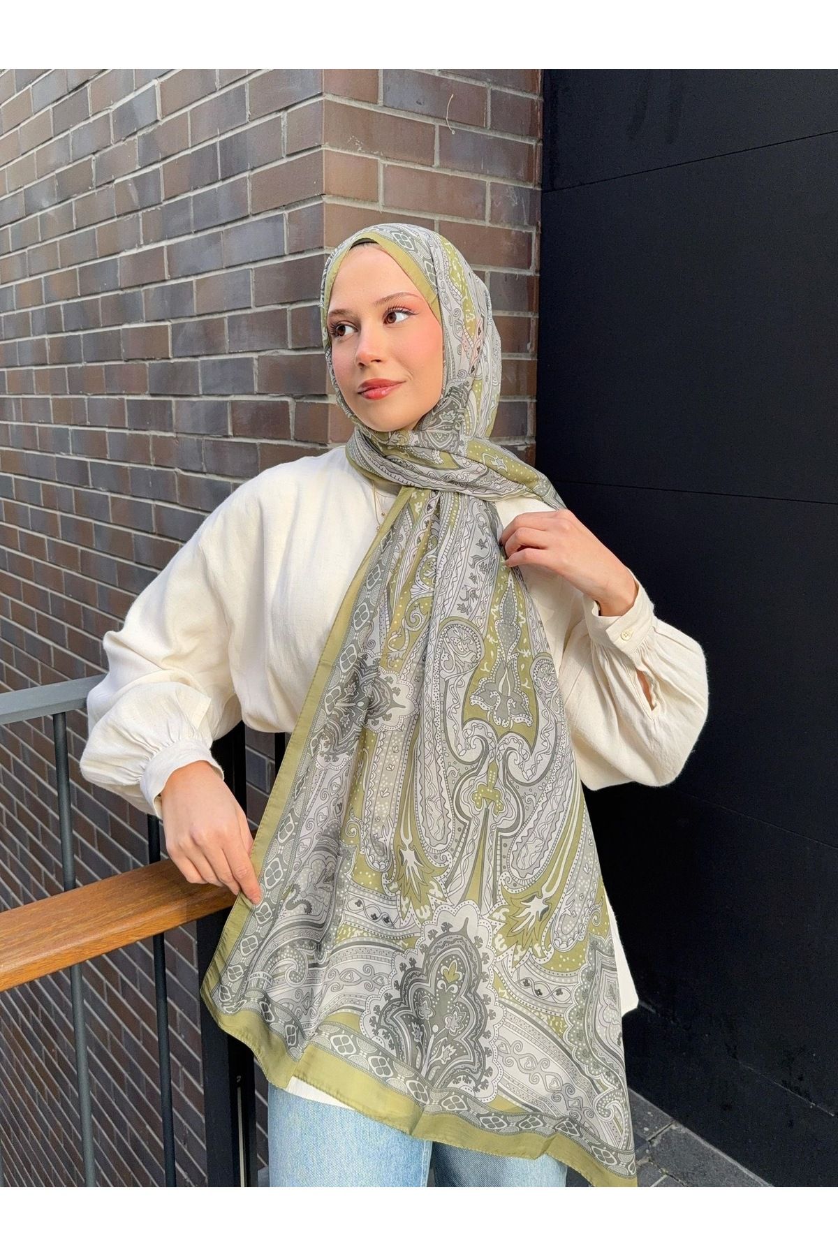 MODA Retro Desen Etnik Pamuk Soft Şal. Yağ yeşili