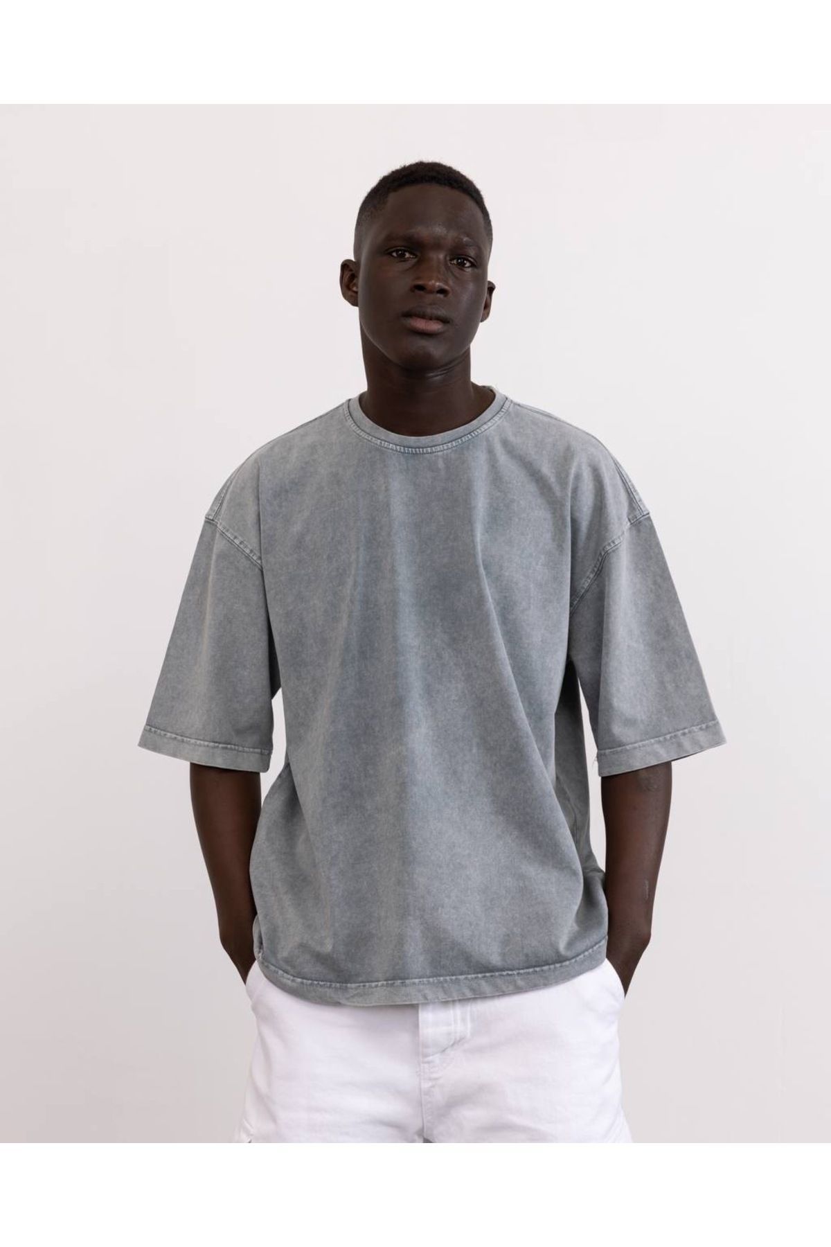 WONG Gri Asit Yıkamalı Oversize Unısex Tshirt