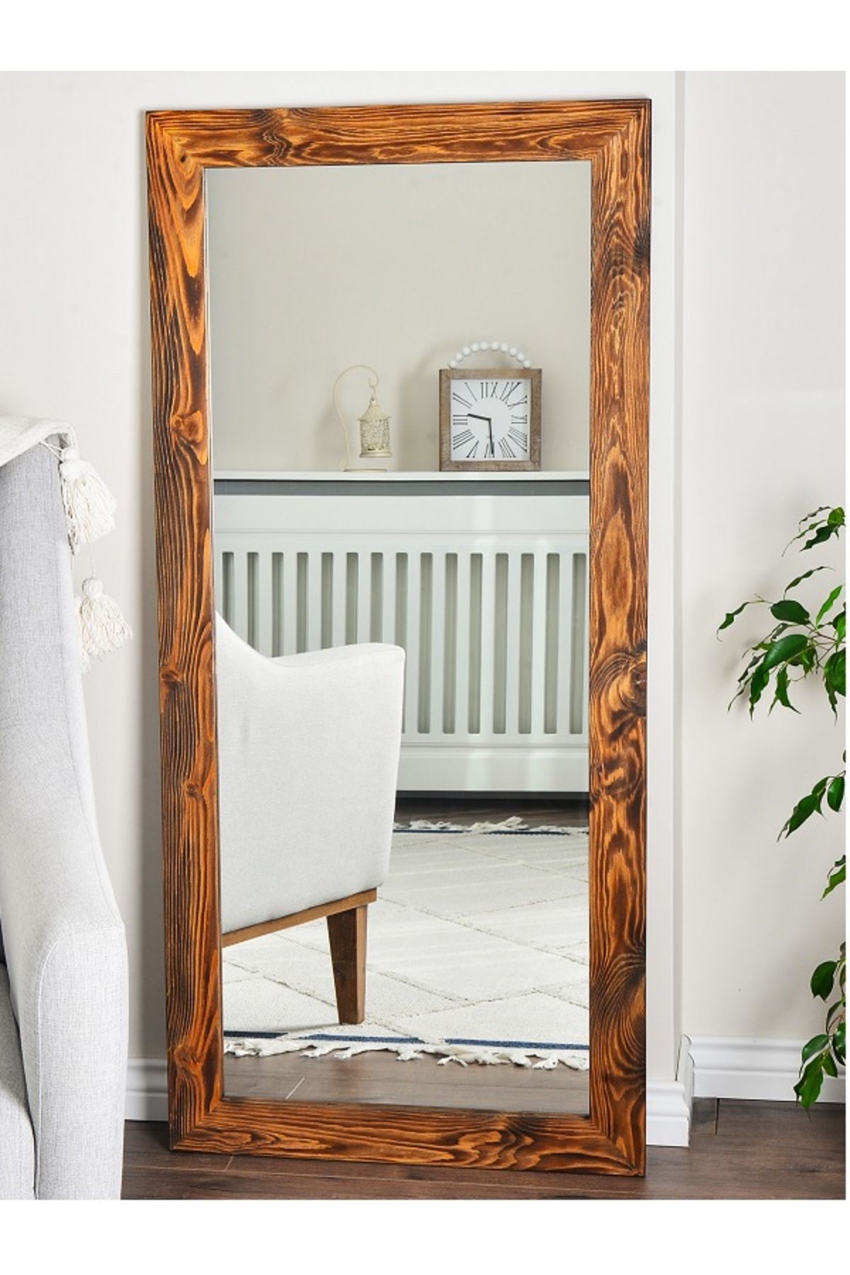 DFN WOOD Ligna 150x70 Cm Dikdörtgen Ceviz Rengi Ahşap Dekoratif Duvar Salon Konsol Boy Ofis Aynası