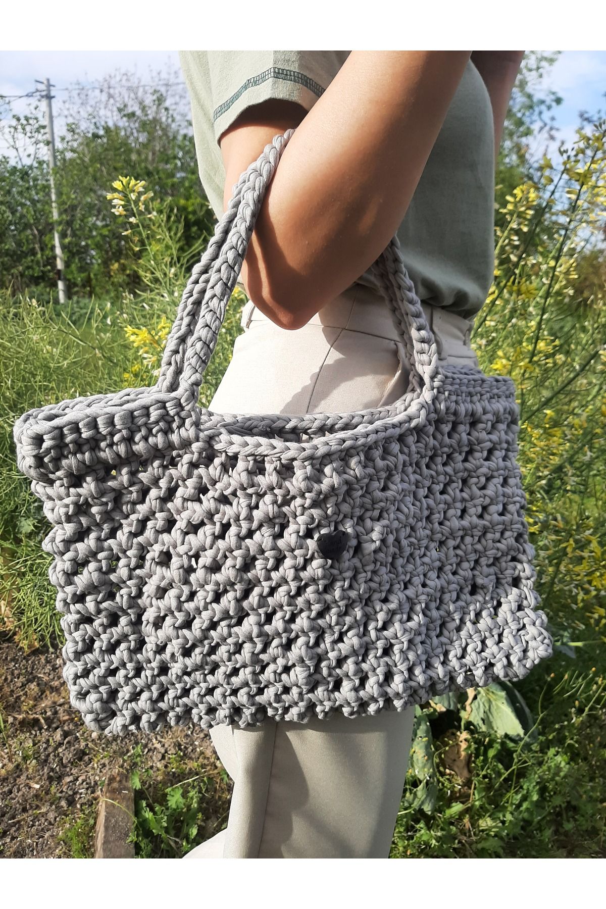 APRİLHANDMADE Açık Gri File Örme Çanta