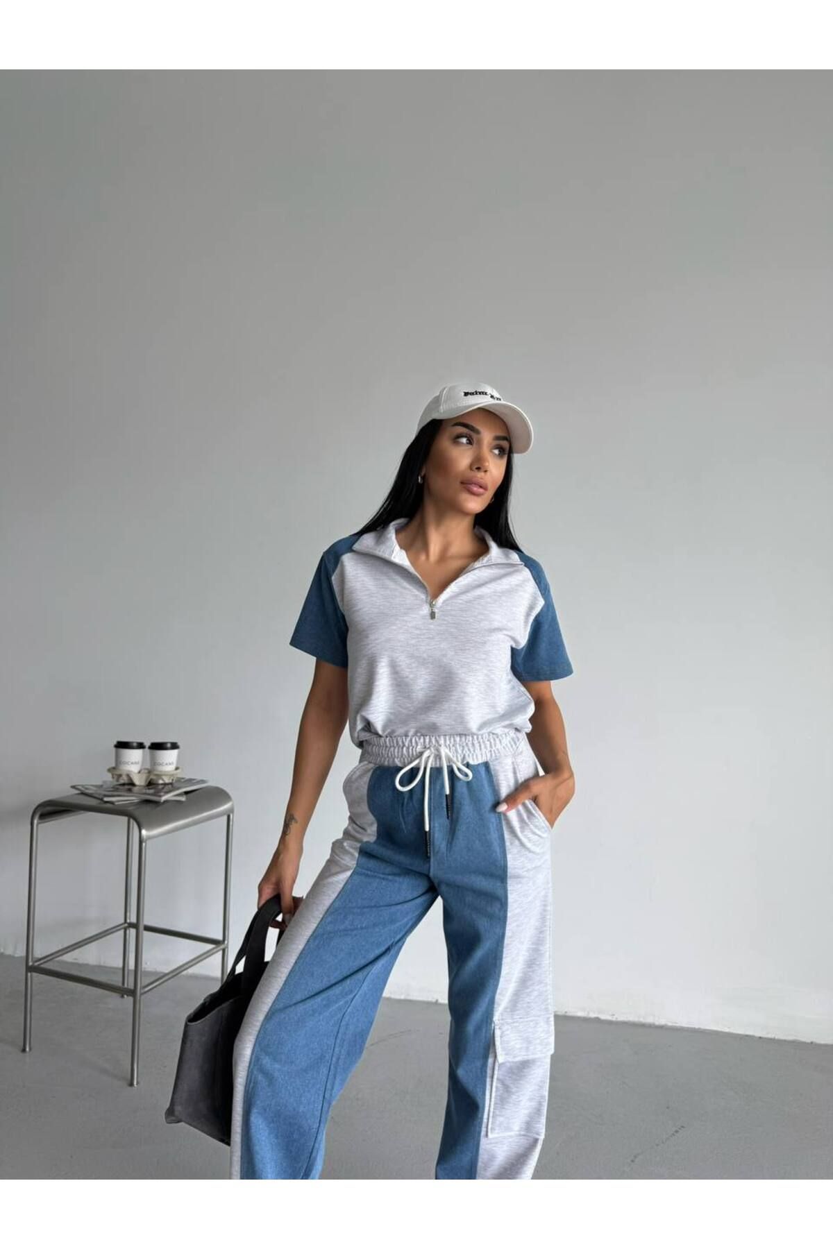 Castivo Fashion Fermuarlı Yarım Kol Denim Garnili Eşofman Takımı