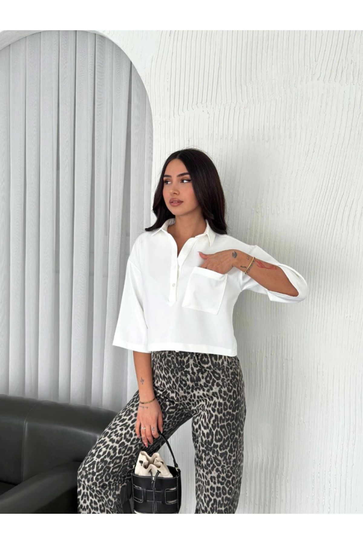 KAZAK Crop Yakalı Gömlek Üç Çeyrek Sleeve Kol - Beyaz