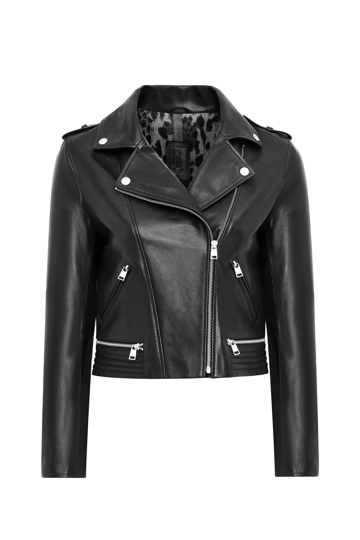 Derimod Eliza Kadın Siyah Biker Kısa Deri Ceket 25SGD5299VE