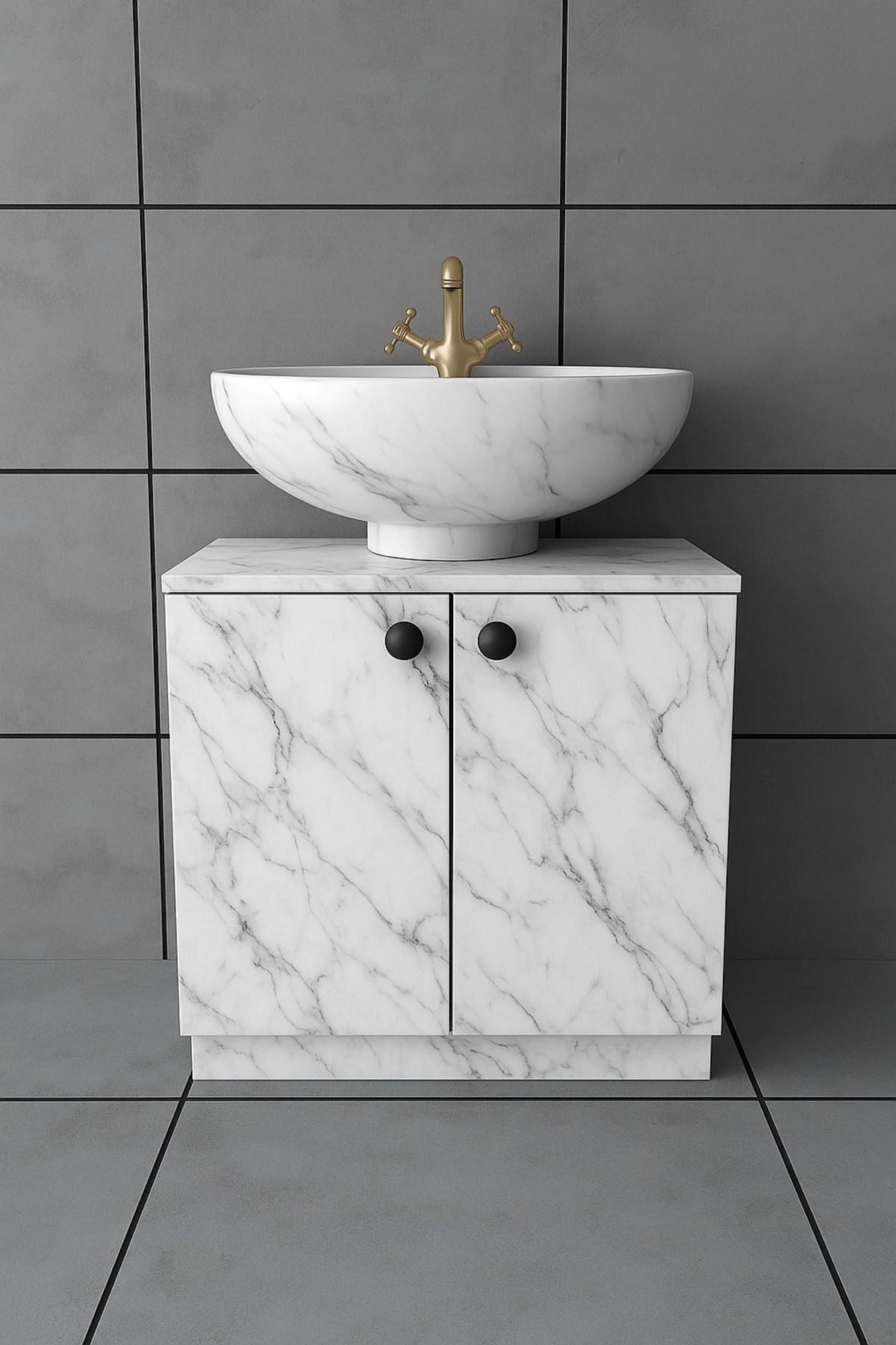YURKUR MOBİLYA Ayaklı Lavabo Dolabı Banyo Dolabı Lavabo Altı Dolap Beyaz-Siyah Mermer Desen %100 MDF