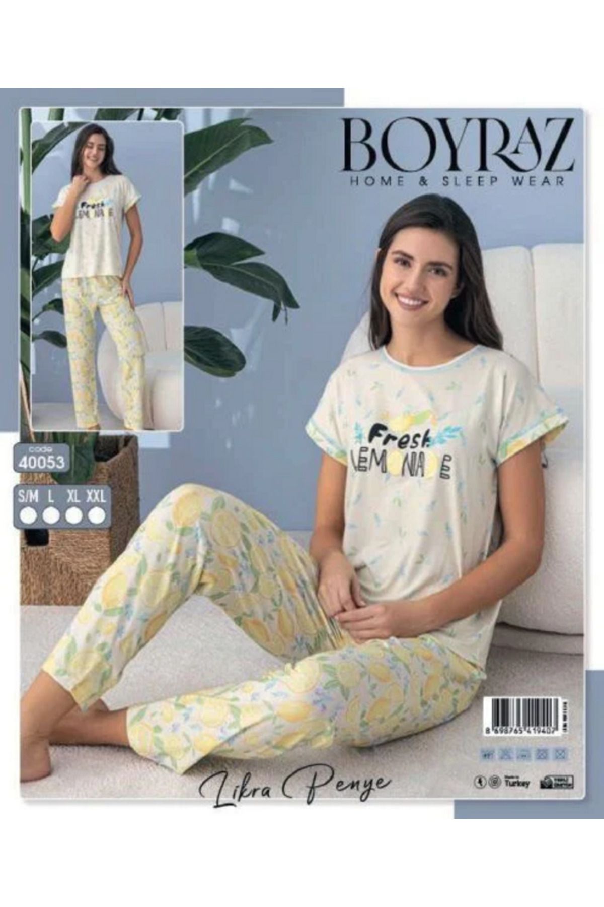 VELNO limon desenli kısa kollu likralı pijama takımı