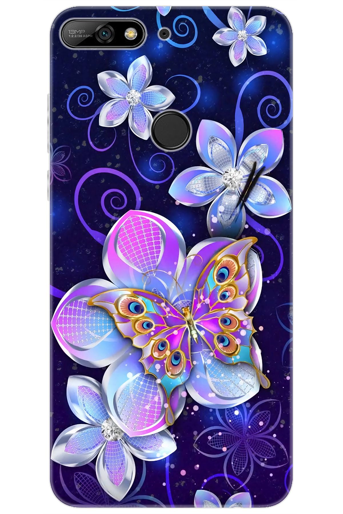Ceppare Huawei Y7 Prime 2018 (LDN-L21) Uyumlu Kılıf Desen Silikon Kelebek ve Çiçekler STK:718 CP-p6pgwp9