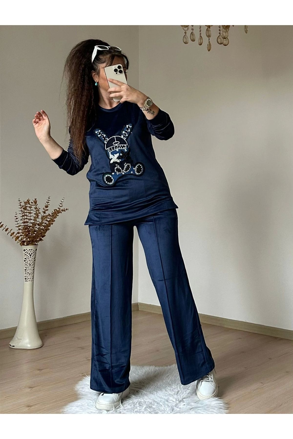 azra moda Taşlı Tavşan Kadıfe Takım Lacivert