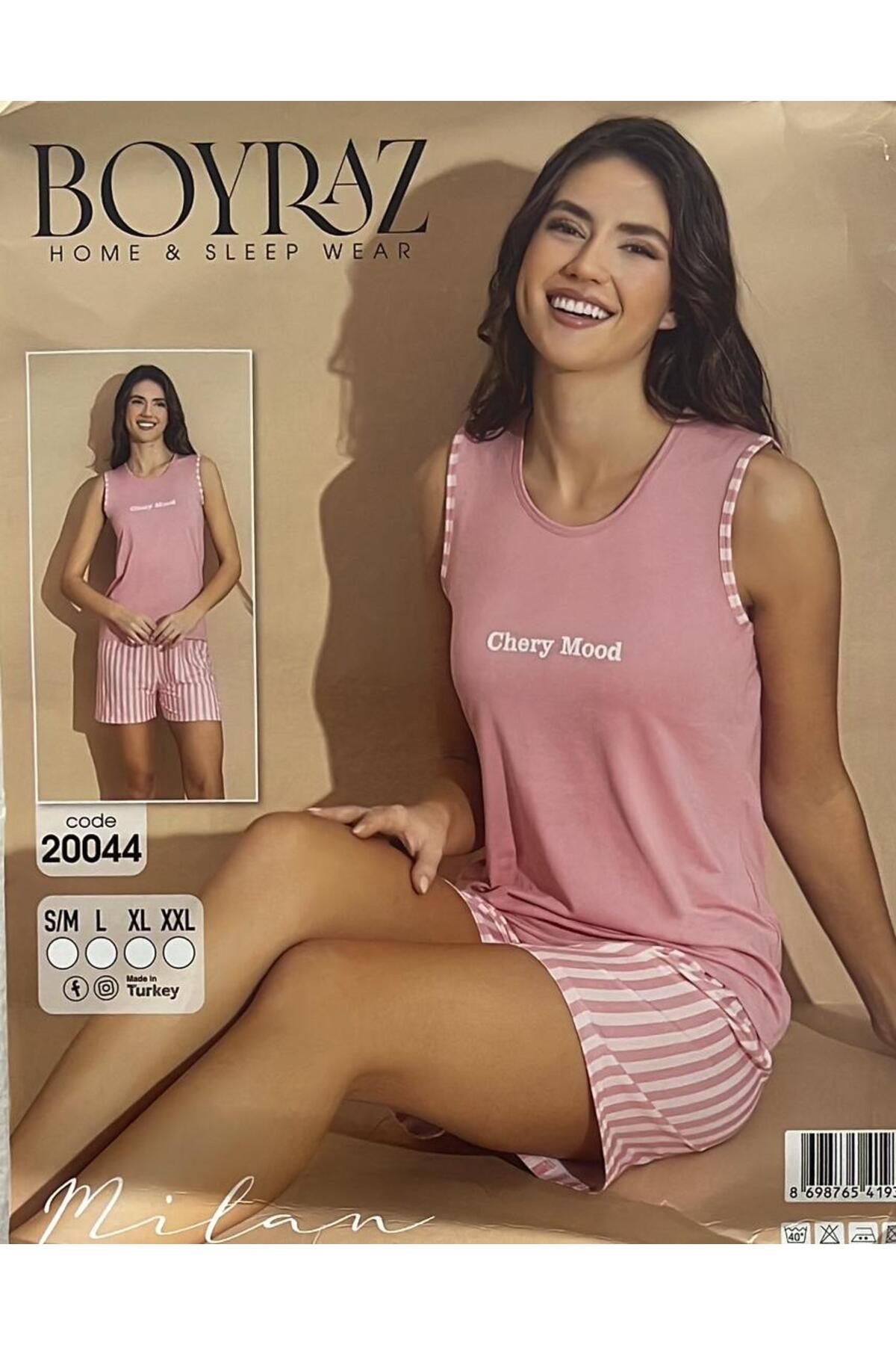 BOYRAZ PEMBE ÜSTÜNE BEYAZ ÇİZGİLİ ŞORTLU MİLAN KUMAŞ PİJAMA
