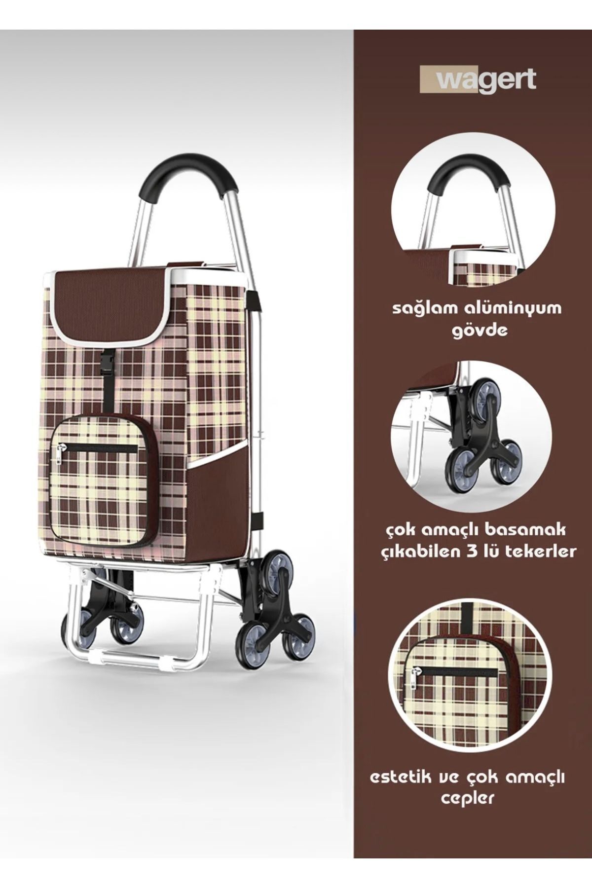 CEZVE HOME Ses Yapmaz 3 Tekerlekli Su Geçirmez Çantalı Alüminyum Gövdeli Lüks Pazar Arabası