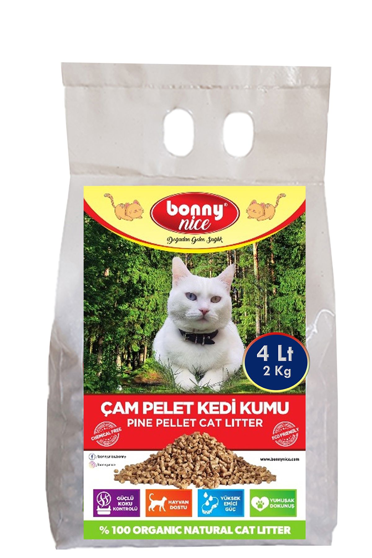 Bonny Nice Yavru/Yetişkin için %100 Biyobozunur - Astımlı ve Alerjik için Doğal Çam Peleti Kedi Kumu 2 Kg 4 Lt.
