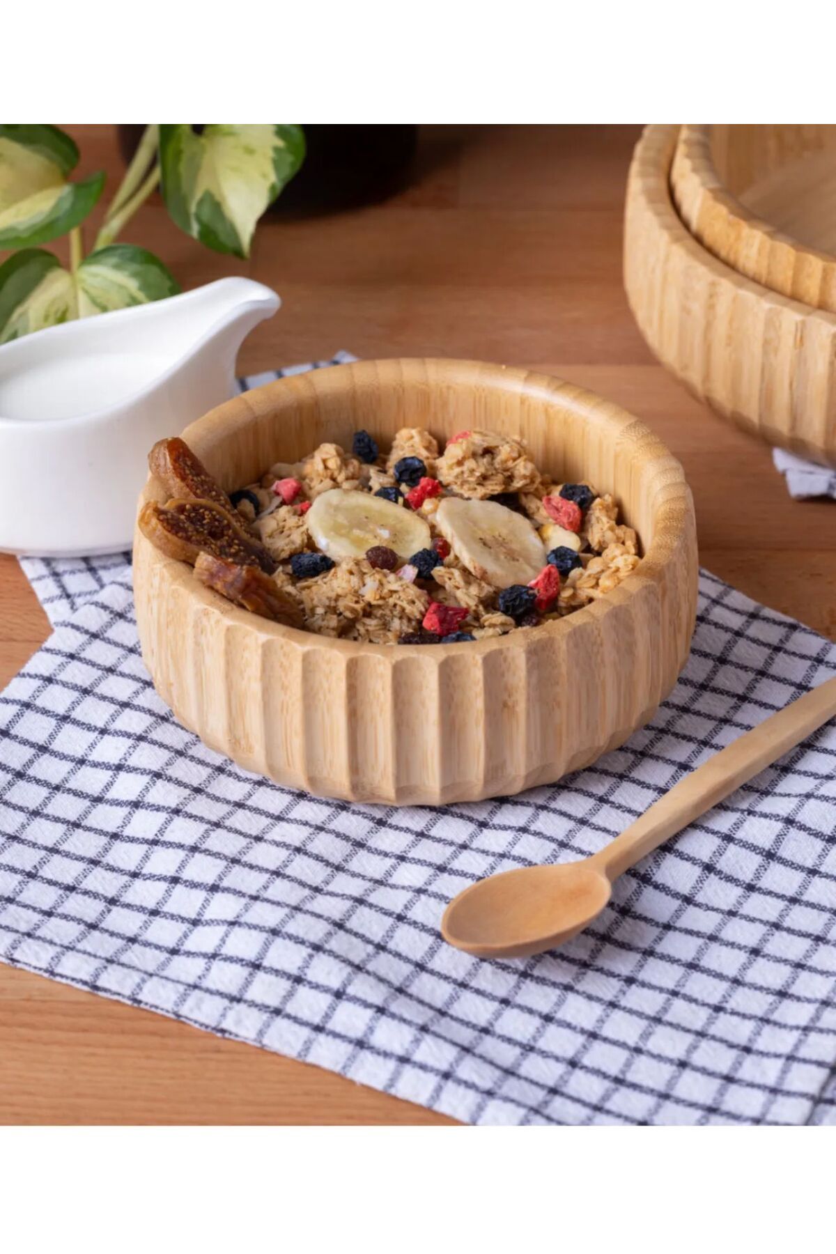 Janset Bambu Çizgili Kase ,orta boy 15 cm Meyvelik, Salata, cips, Meze Bowl Curve Kase Sunum Tepsisi