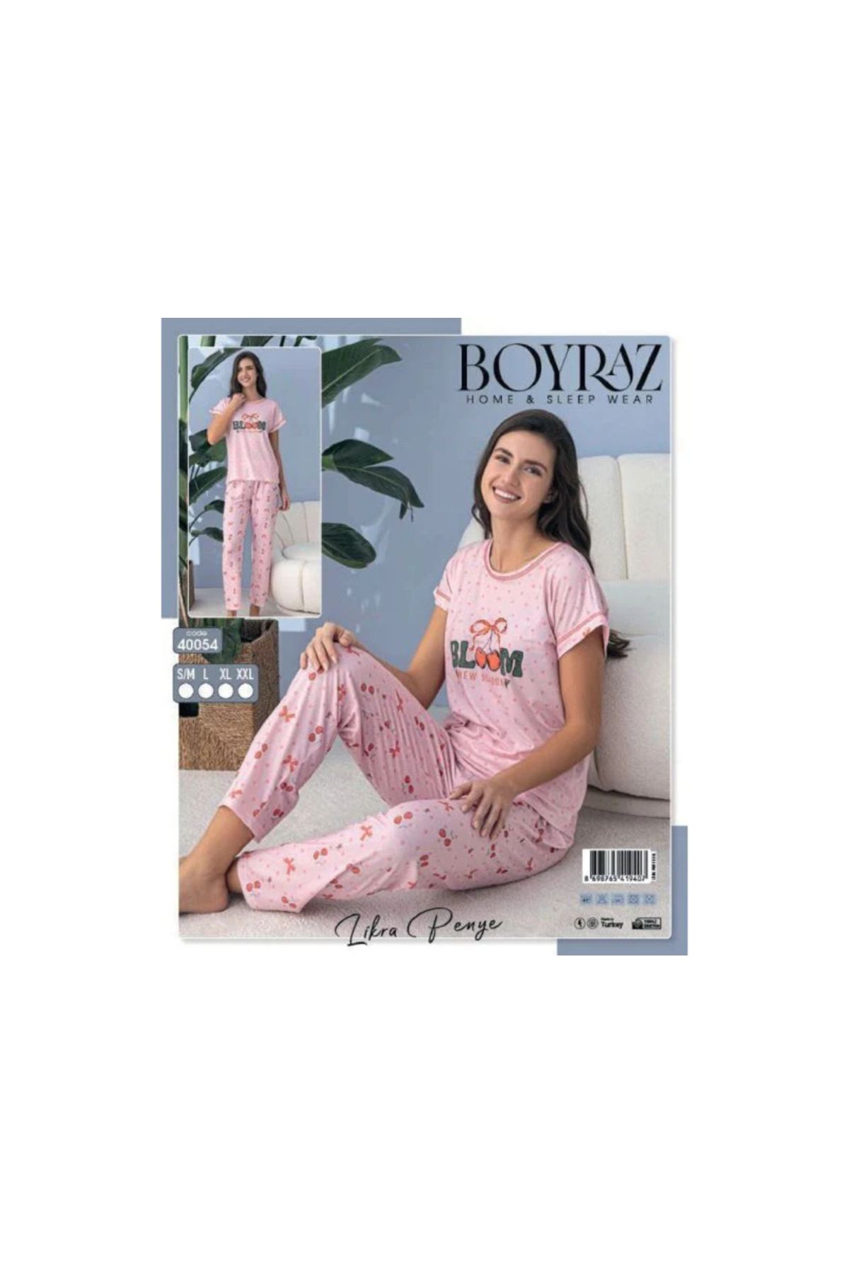 VELNO kiraz desenli likralı kısa kollu pijama takımı